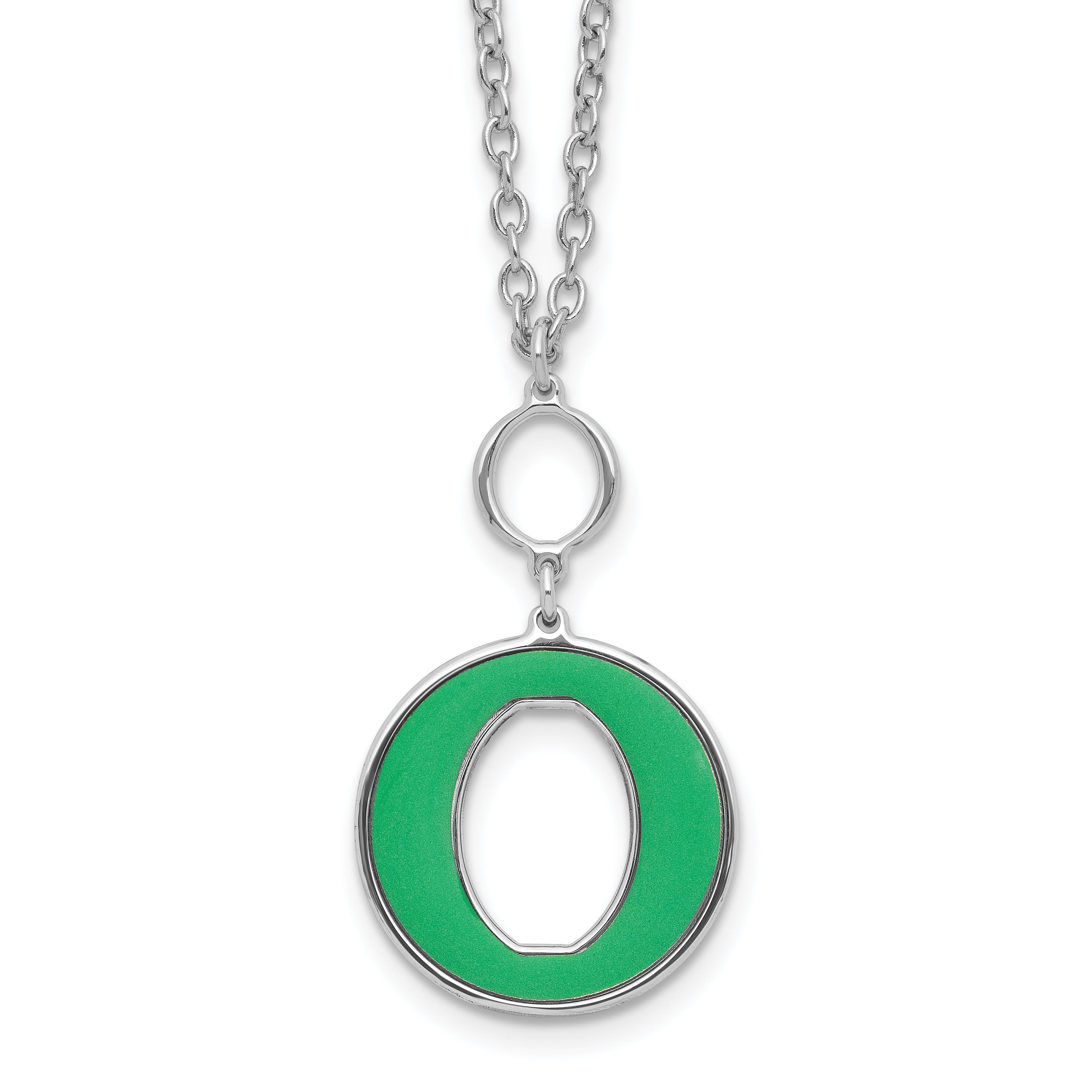 Sterling Silver Rhodium-Rhodium-Plated 18in With 2 Inch Extention Green Enamel Circle Necklace