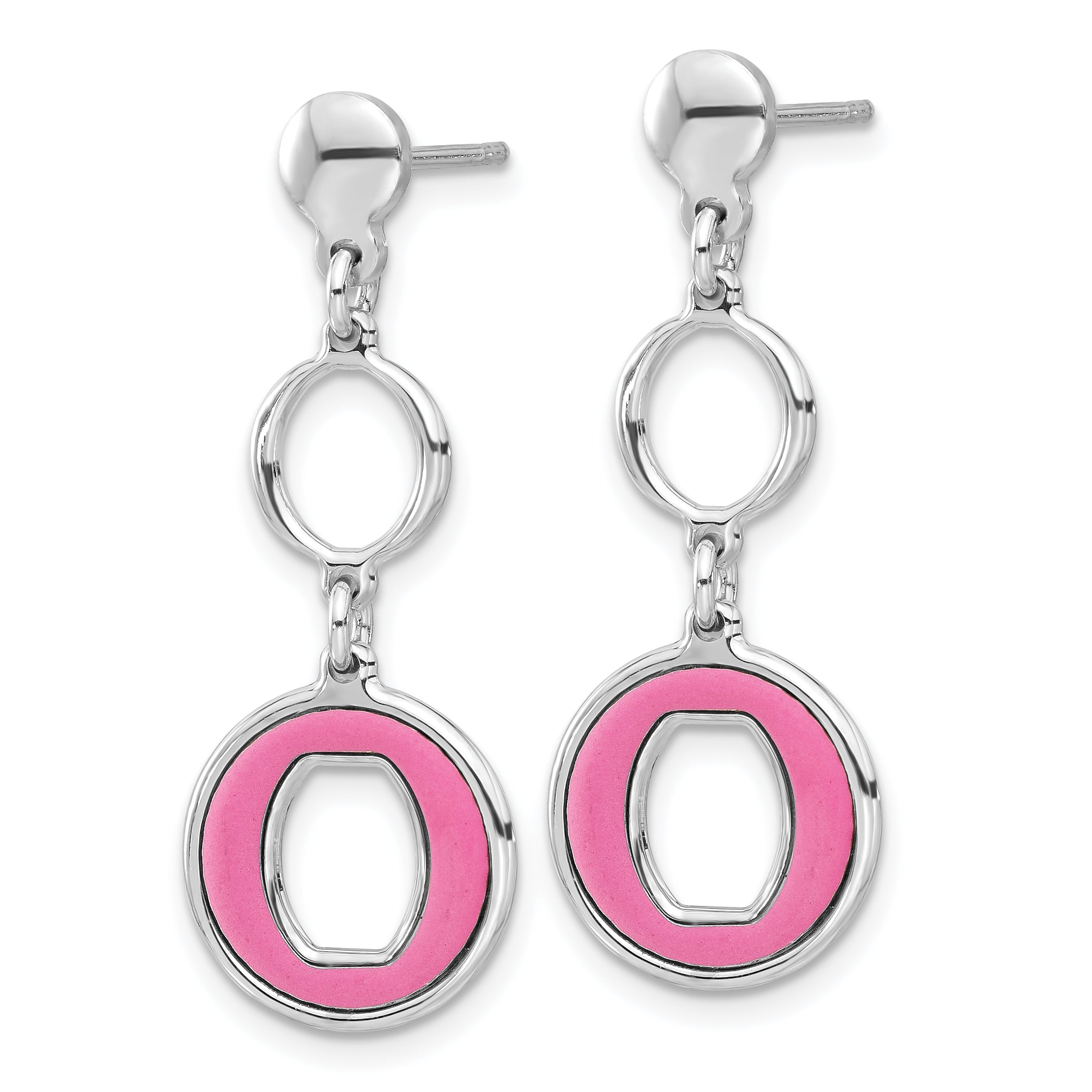 Sterling Silver Rhodium-plated Polished Pink Circle Post Dangle Earrings