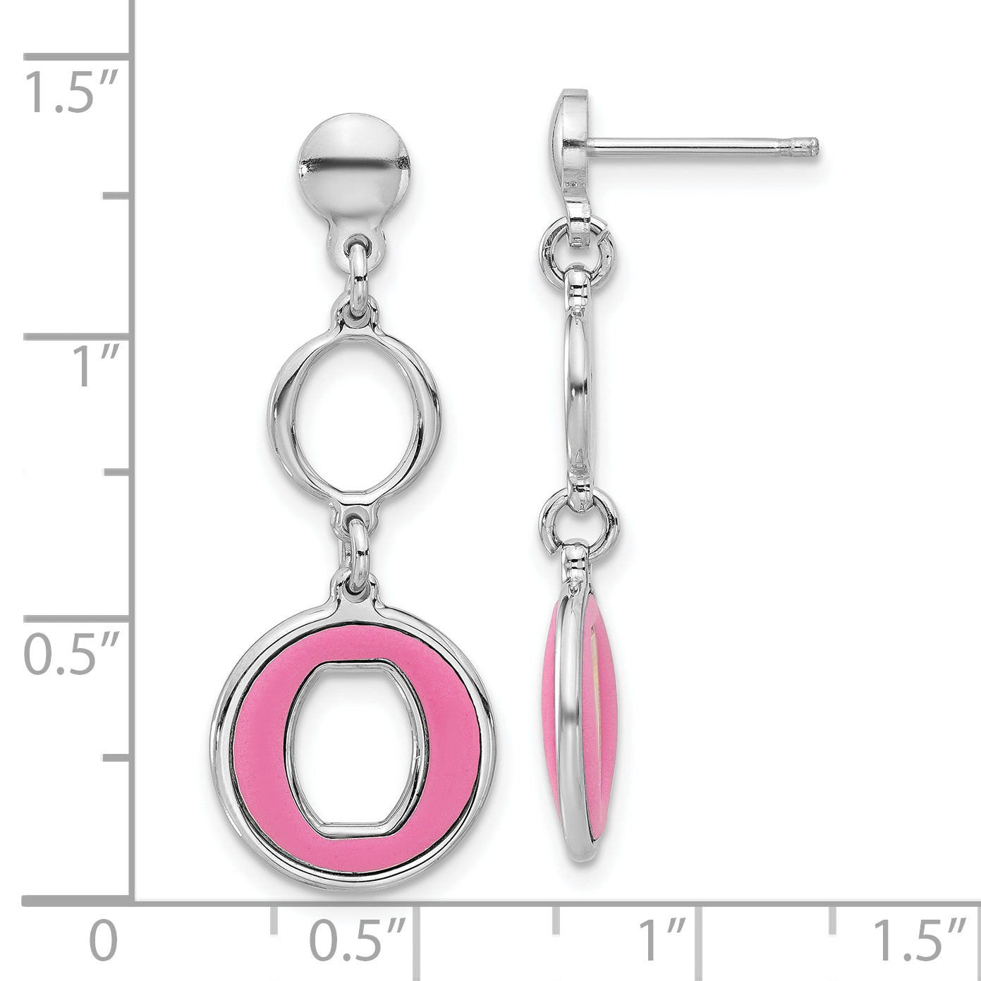 Sterling Silver Rhodium-plated Polished Pink Circle Post Dangle Earrings