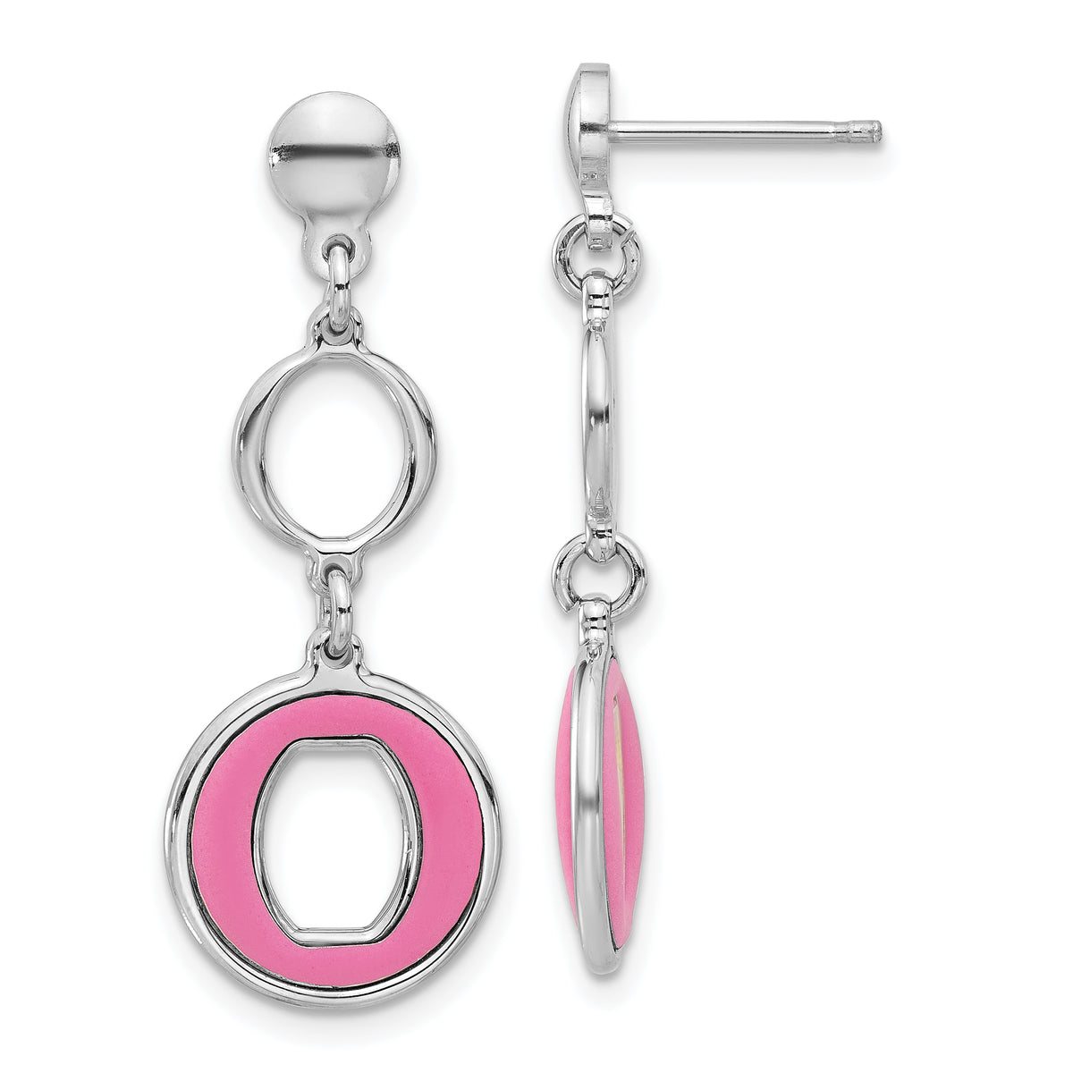 Sterling Silver Rhodium-plated Polished Pink Circle Post Dangle Earrings