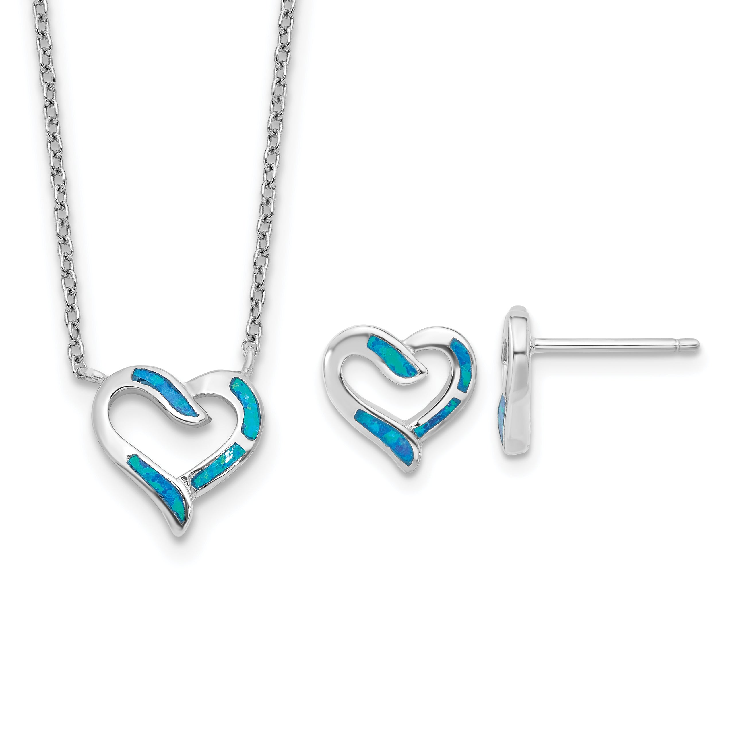 Sterling Silver RH-pl Cr.Opal Heart 16in Necklace w/2in ext and Earring Set Main image