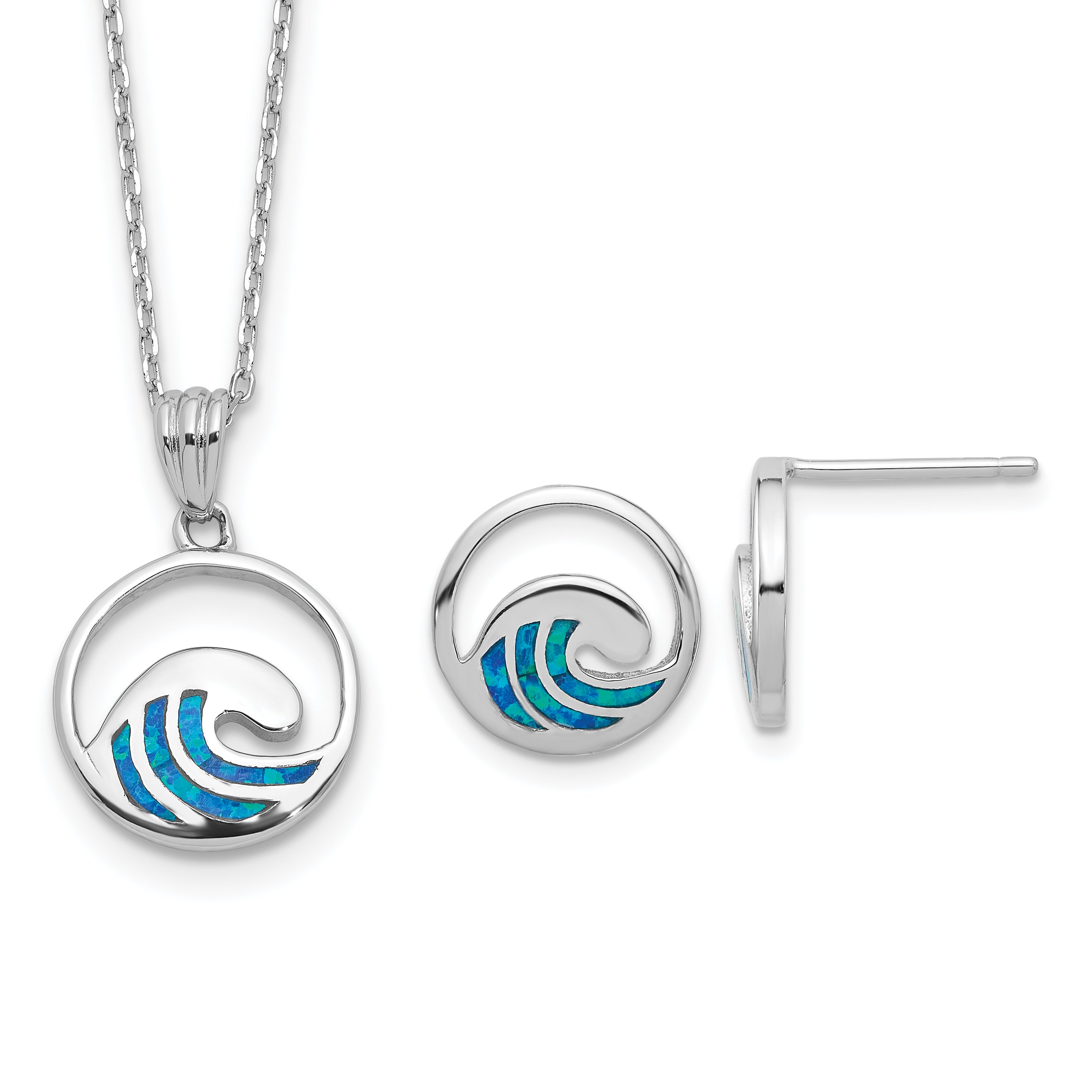 Sterling Silver RH-pl Cr.Opal Wave 16in Necklace w/2in ext/Earring Set Main image