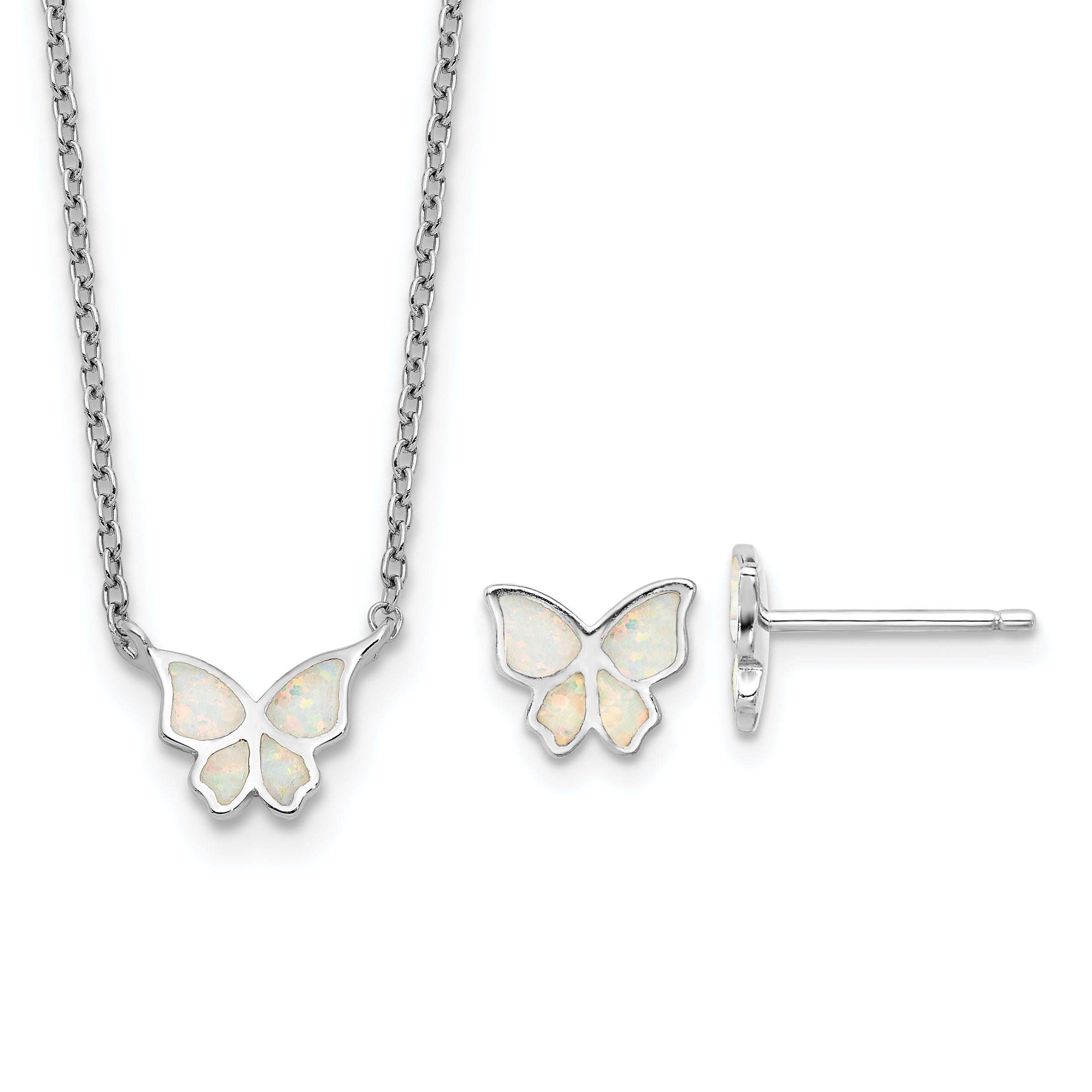 Sterling Silver RH-pl Cr.Opal Butterfly 16in Necklace w/2in ext/Earring Set Main image