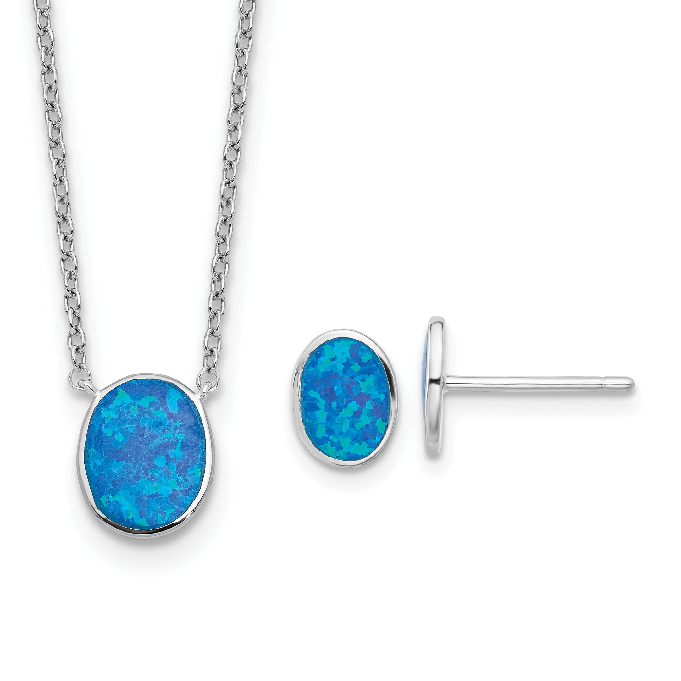 Sterling Silver RH-pl Blue Cr.Opal Oval 16in Necklace w/1.75 ext/Earring Se Main image