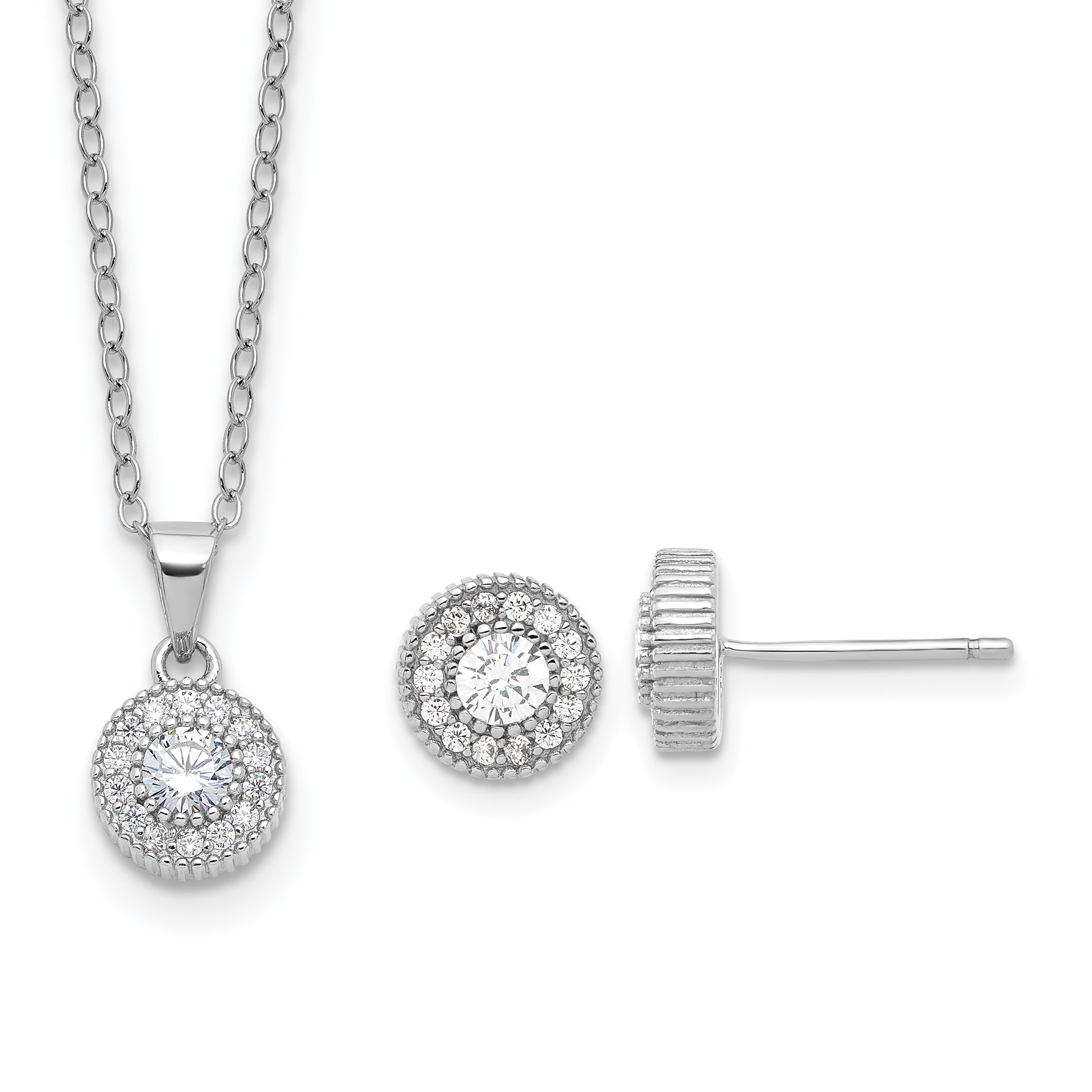 Sterling Silver RH-plated CZ Post Earrings and 16in Necklace w/2in ext Set Main image