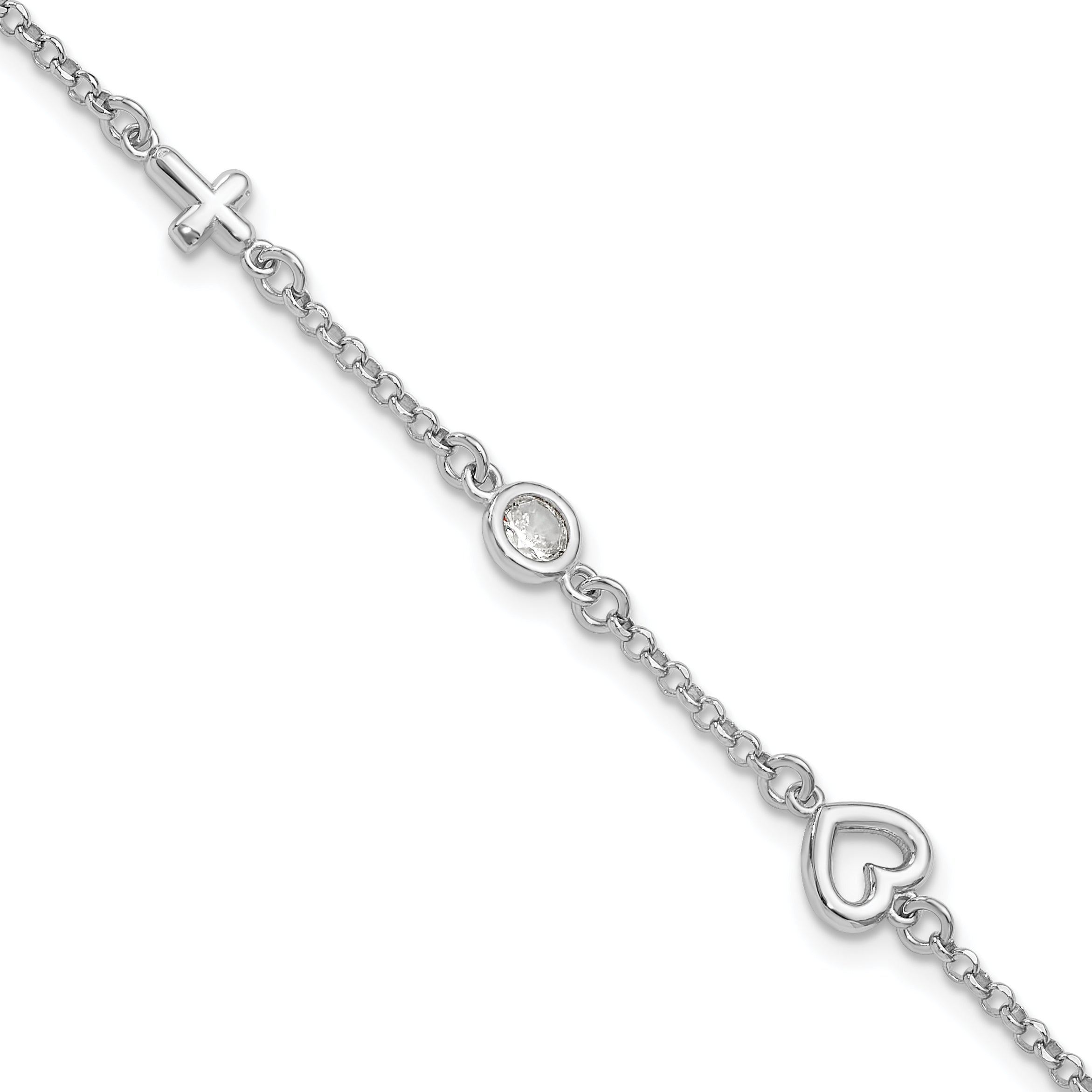 Sterling SilverRhodium-Rhodium-Plated CZ Heart & Cross w/1in Ext. Children's Bracelet Main image