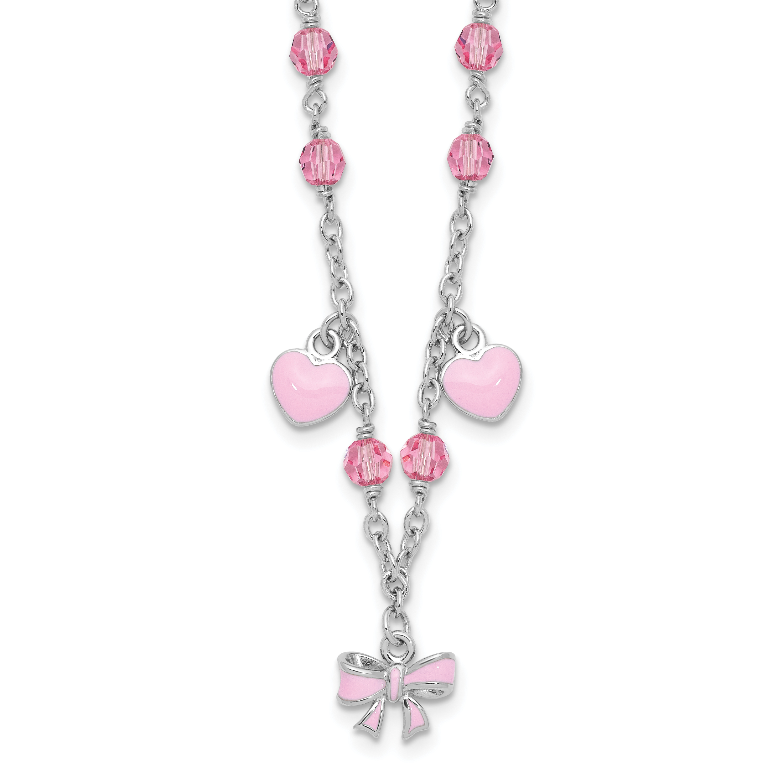 Sterling Silver Rhodium-Rhodium-Plated Polished Pink Enamel & Crystal Hearts & Bow w/ 1 inch Extension Children's Necklace Main image