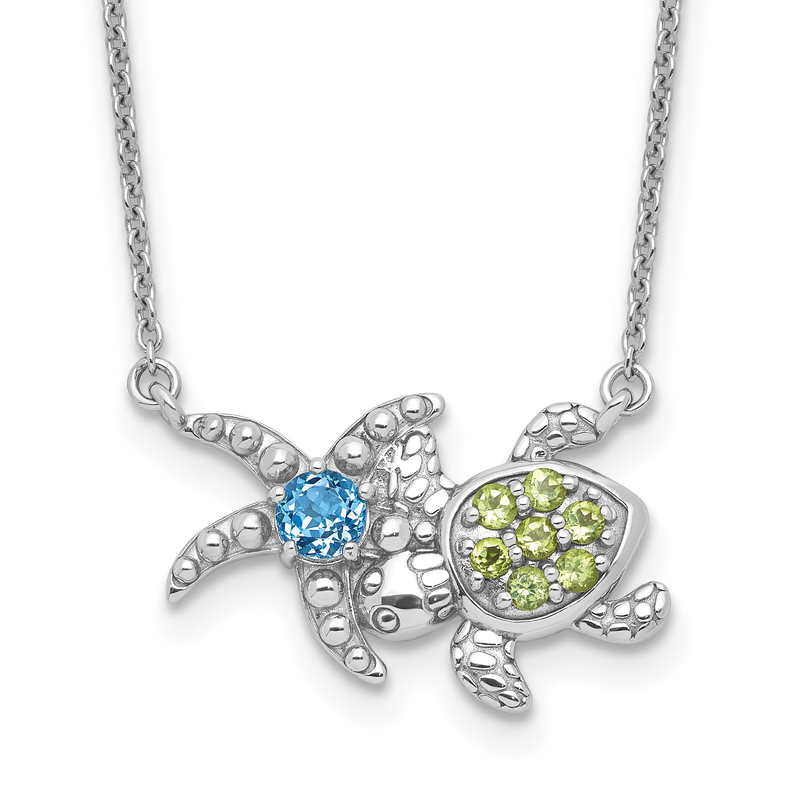 Sterling Silver Rhodium-Rhodium-Plated Peridot and Light Swiss Blue Topaz Turtle Starfish 18.75 inch Necklace Main image