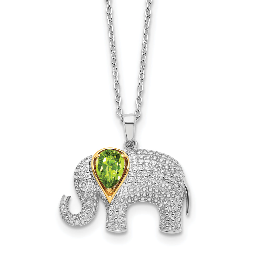 Sterling Silver/14k RH-pltd Peridot/Dia. Elephant 18in w/2in ext Necklace
