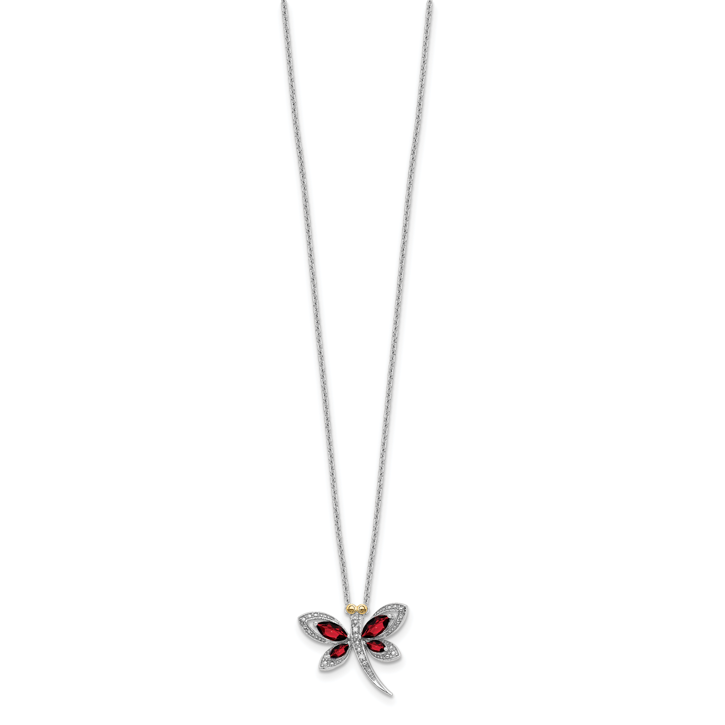 Sterling Silver/14k RH-pltd Garnet/Dia. Dragonfly 18in w/2 ext Necklace