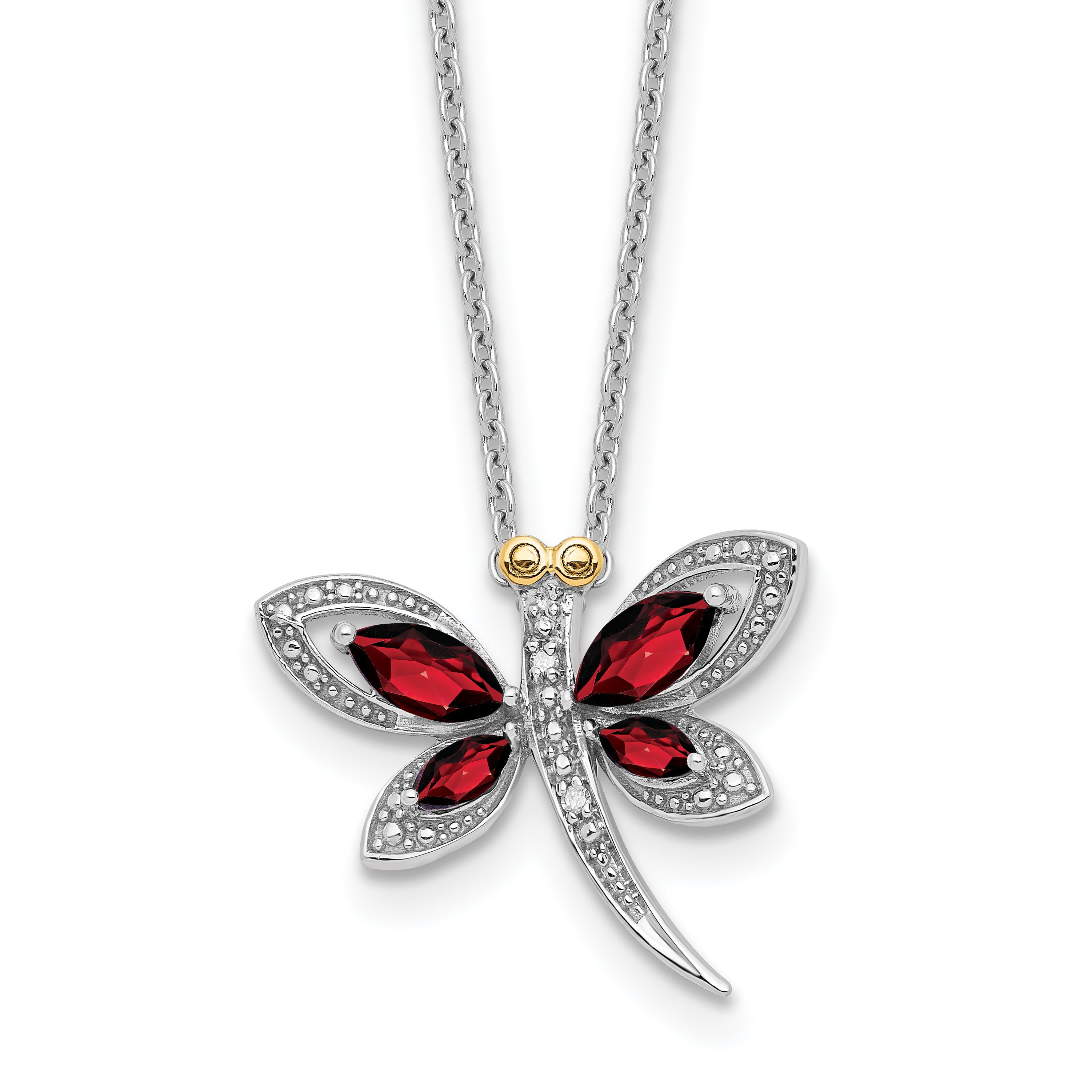 Sterling Silver/14k RH-pltd Garnet/Dia. Dragonfly 18in w/2 ext Necklace Main image