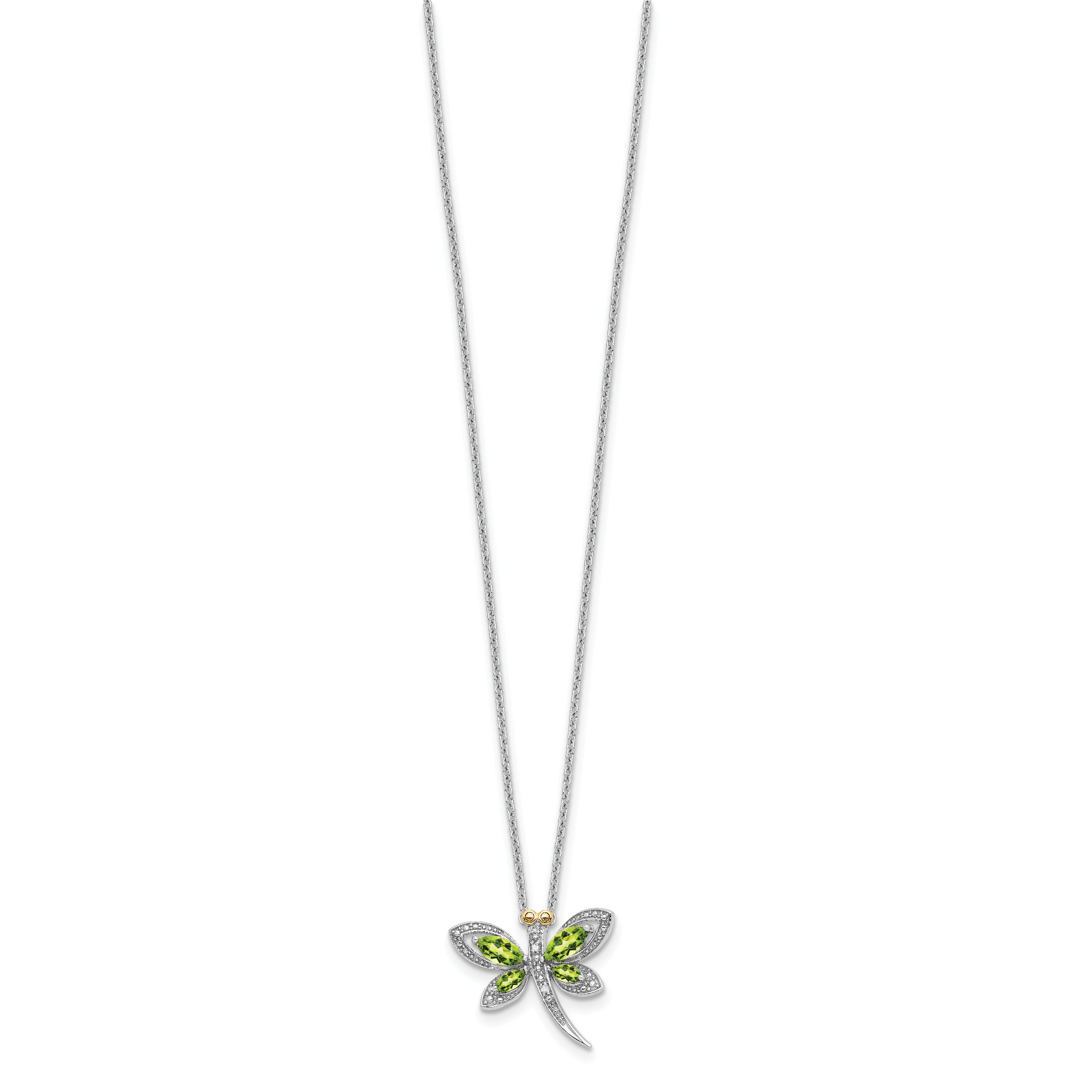 Sterling Silver/14k RH-pltd Peridot/Dia. Dragonfly 18in w/2 ext Necklace