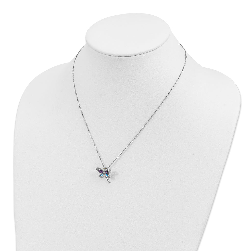 Sterling Silver/14k RH-pltd Amy/Bl Topaz/Dia. Dragonfly 18in w/2 ext Neckla