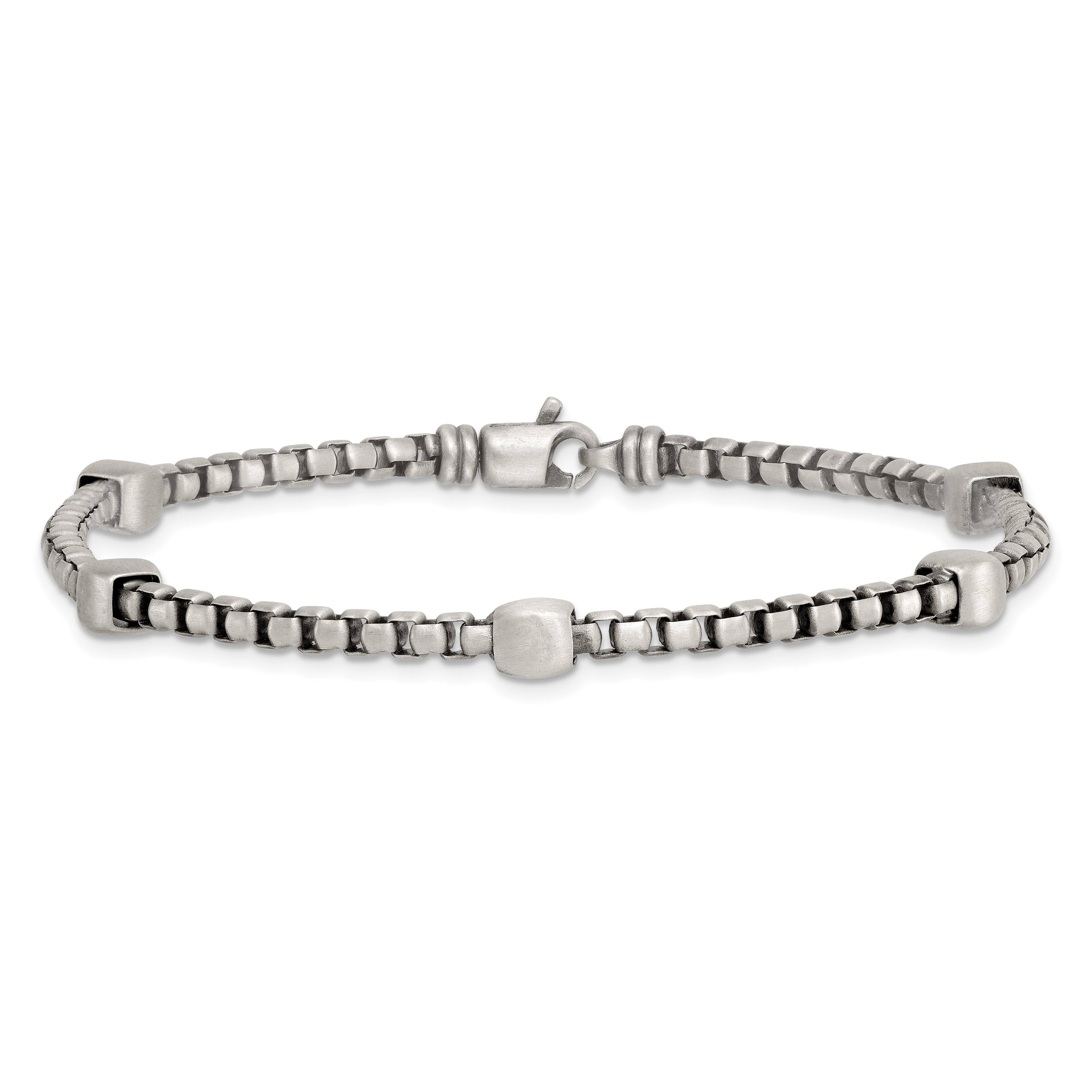 Sterling Silver Black Ruthenium-plated Brushed Box Chain and Beads Mens 8.5 inch Bracelet