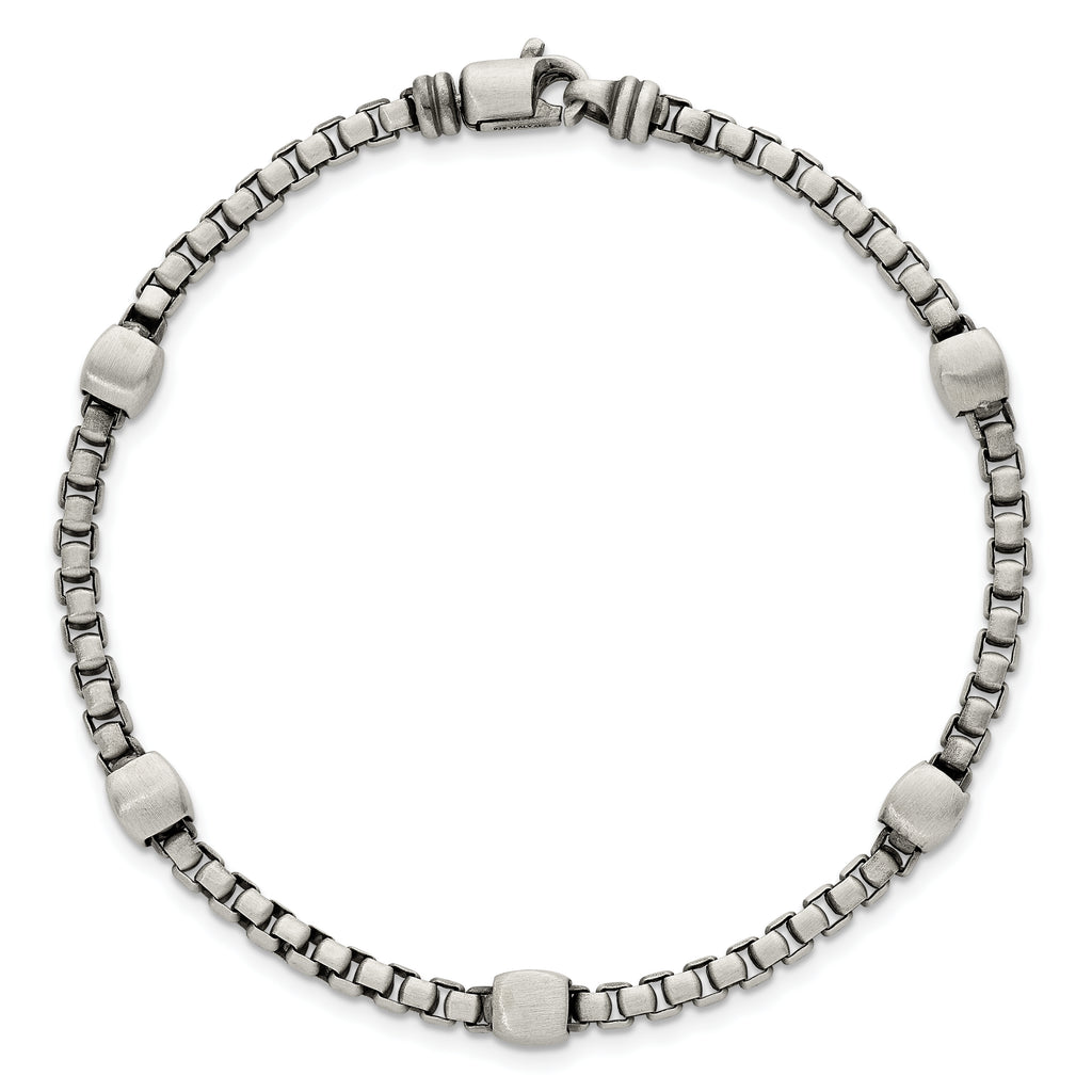 Sterling Silver Black Ruthenium-plated Brushed Box Chain and Beads Mens 8.5 inch Bracelet