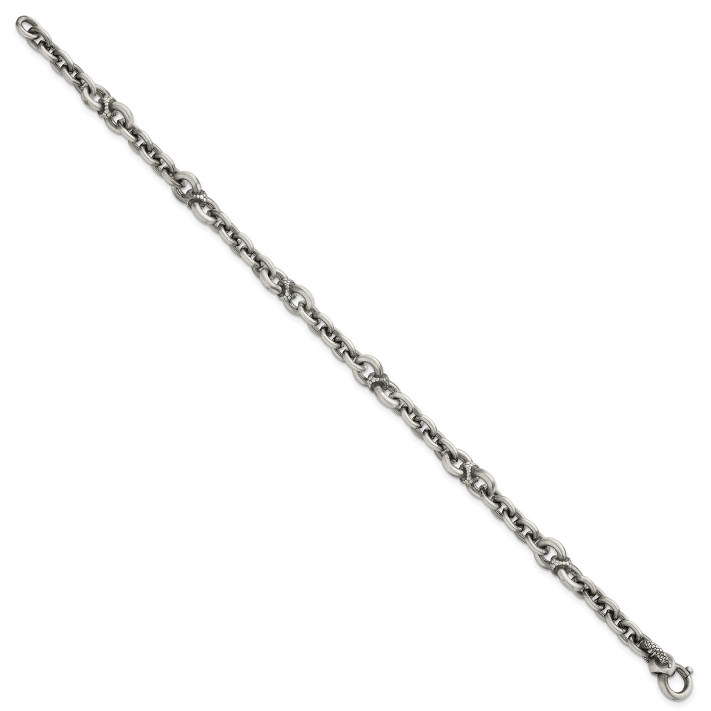 Sterling Silver Black Ruthenium-plated Brushed and Textured Fancy Cable Link Mens 8.5 inch Bracelet