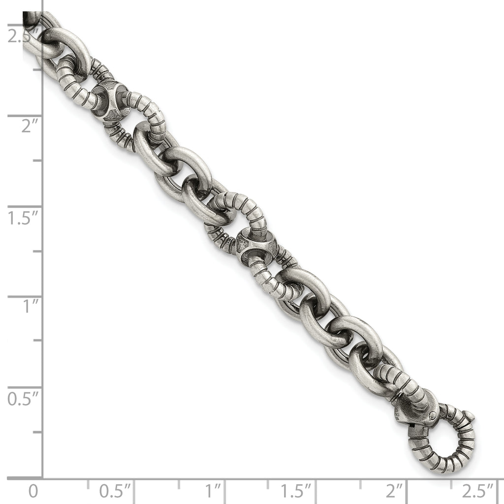 Sterling Silver Black Ruthenium-plated Brushed and Textured Fancy Link Mens 8.25 inch Bracelet