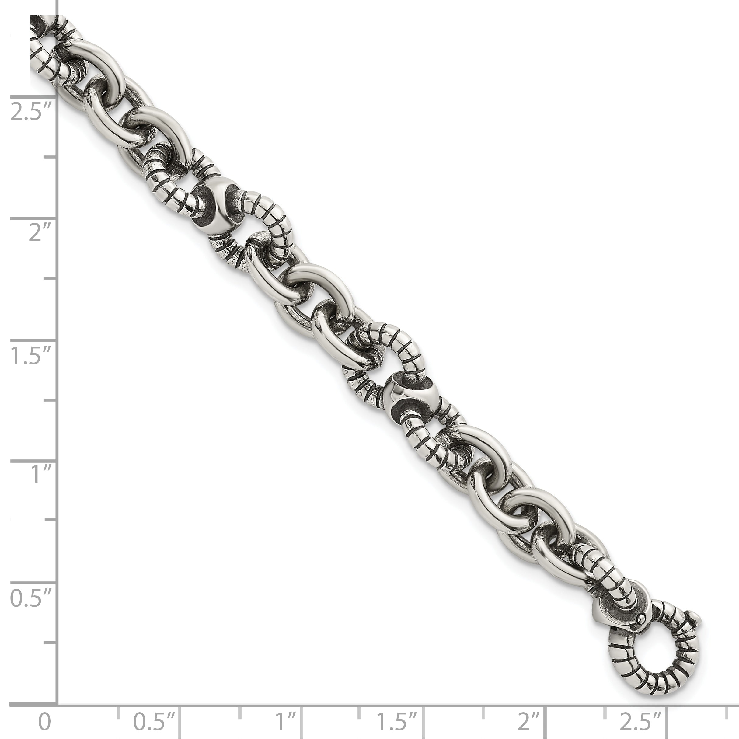 Sterling Silver Oxidized Polished and Textured Round Fancy Cable Link Mens 8.25 inch Bracelet