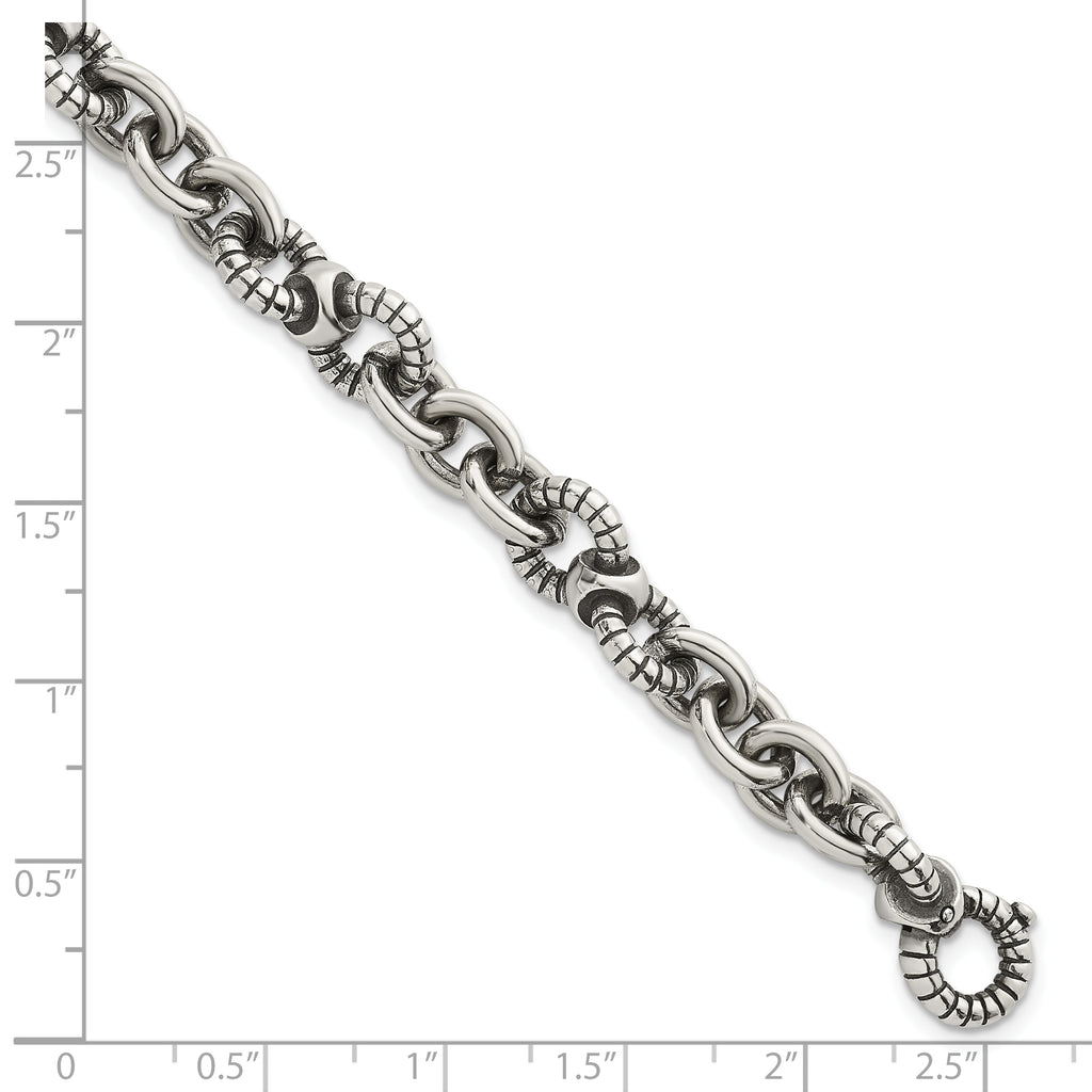 Sterling Silver Oxidized Polished and Textured Round Fancy Cable Link Mens 8.25 inch Bracelet