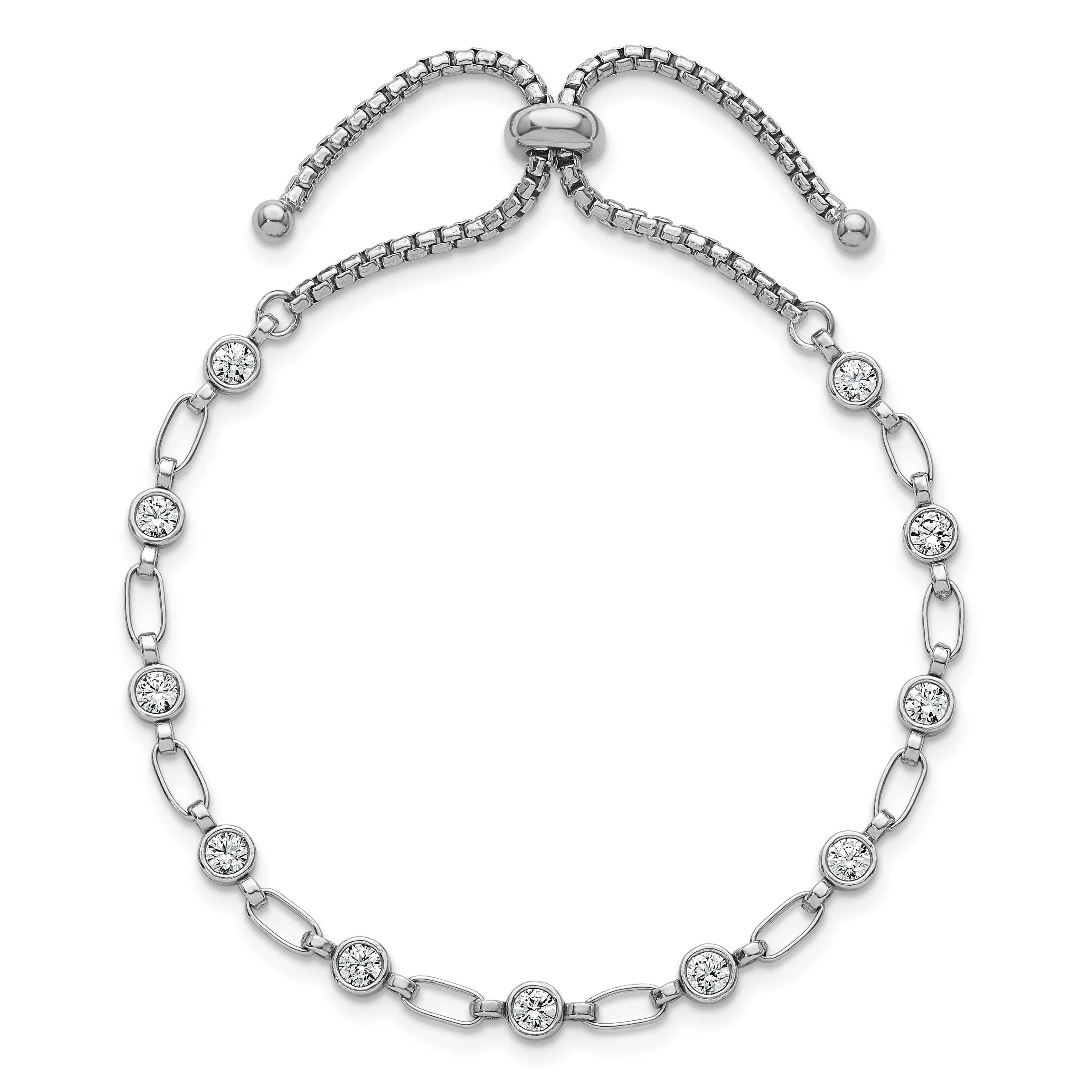 Sterling Silver Rhodium-plated Polished Round CZ and Rectangle Link Adjustable Bolo Bracelet