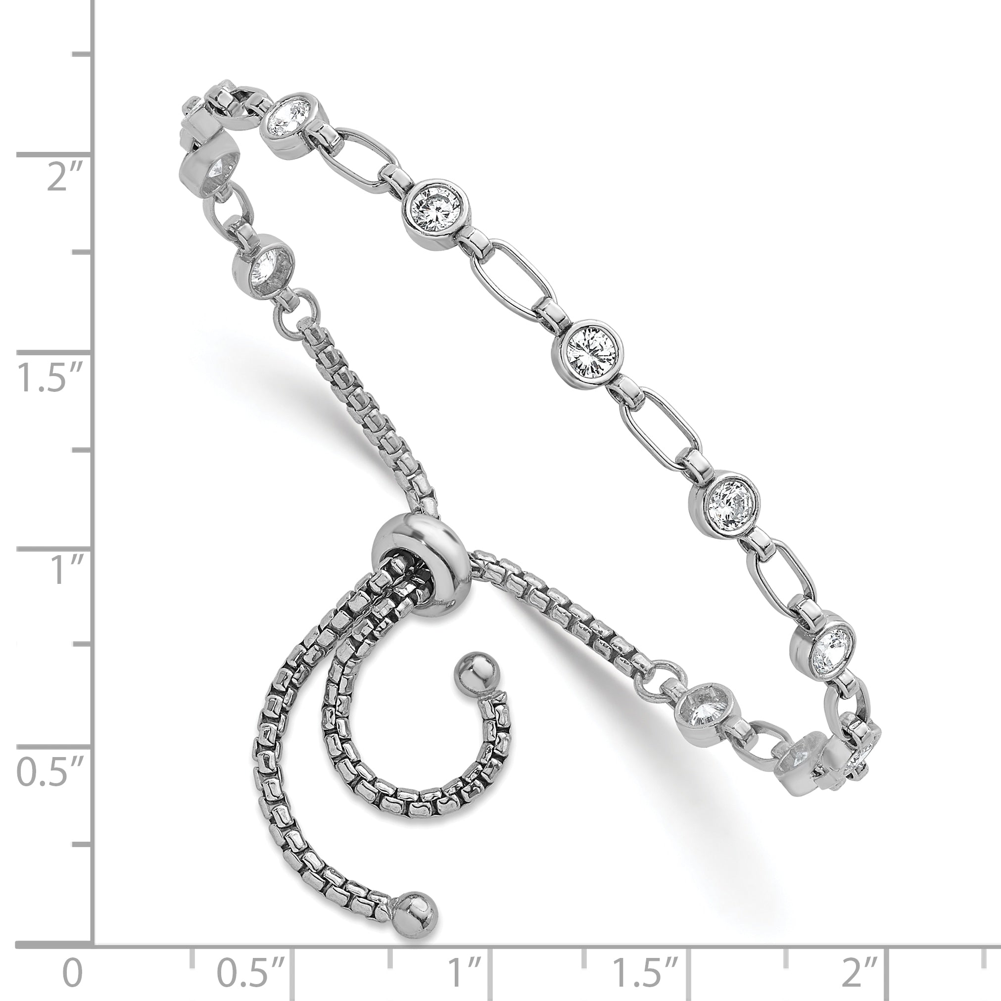 Sterling Silver Rhodium-plated Polished Round CZ and Rectangle Link Adjustable Bolo Bracelet