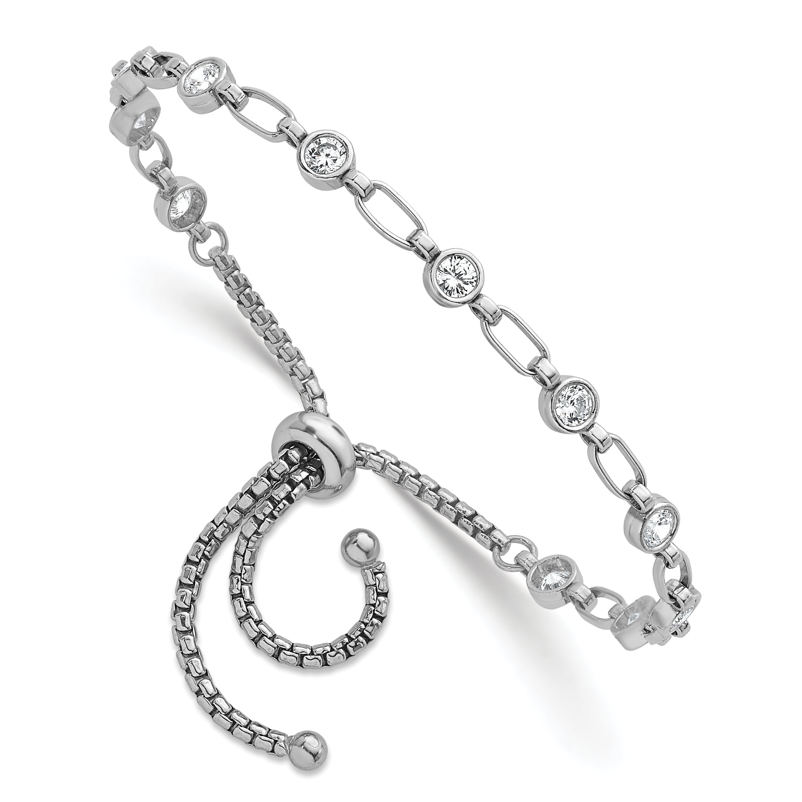 Sterling Silver Rhodium-plated Polished Round CZ and Rectangle Link Adjustable Bolo Bracelet