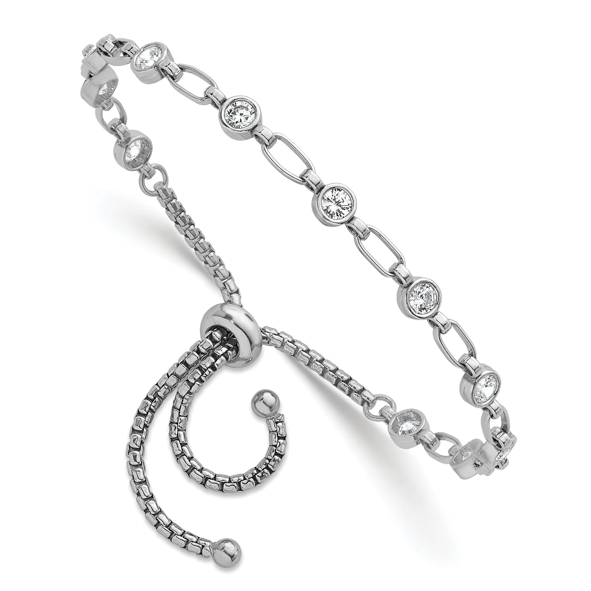 Sterling Silver Rhodium-plated Polished Round CZ and Rectangle Link Adjustable Bolo Bracelet