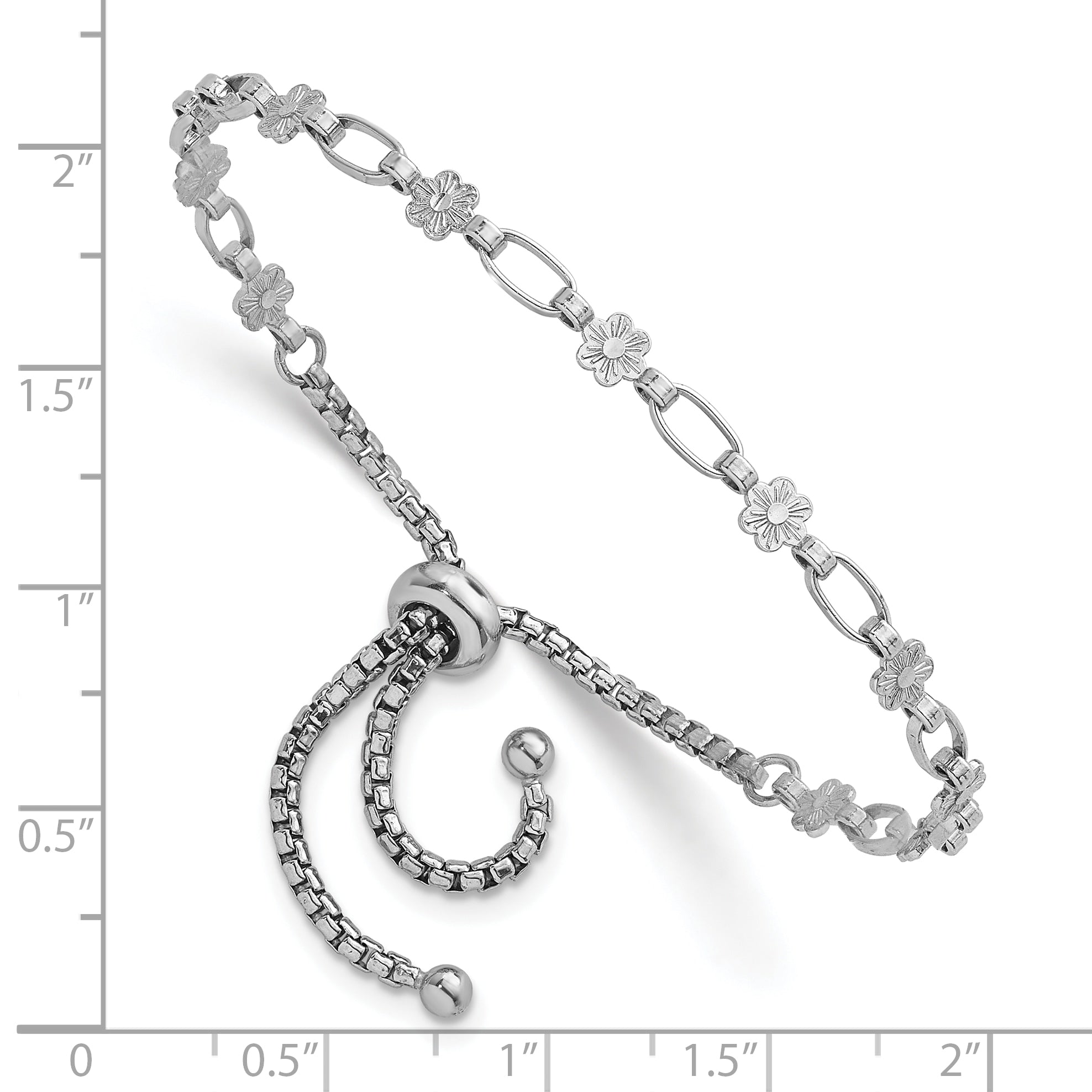 Sterling Silver Rhodium-plated Polished Flower and Rectangle Link Adjustable Bolo Bracelet