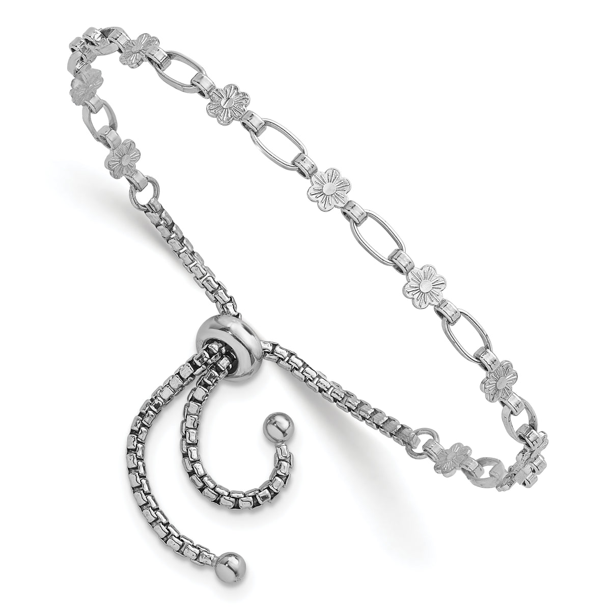 Sterling Silver Rhodium-plated Polished Flower and Rectangle Link Adjustable Bolo Bracelet
