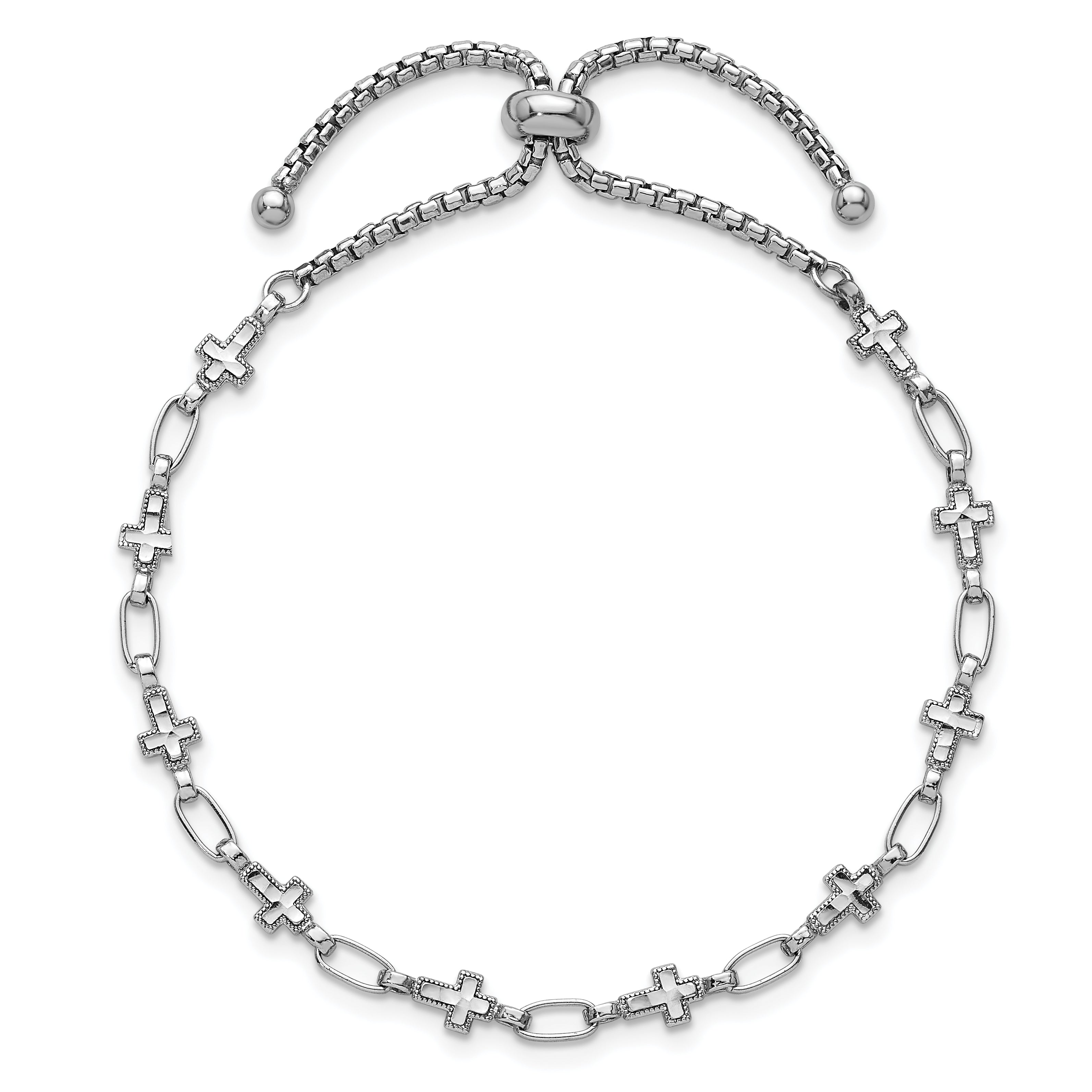 Sterling Silver Rhodium-plated Polished Cross and Rectangle Link Adjustable Bolo Bracelet