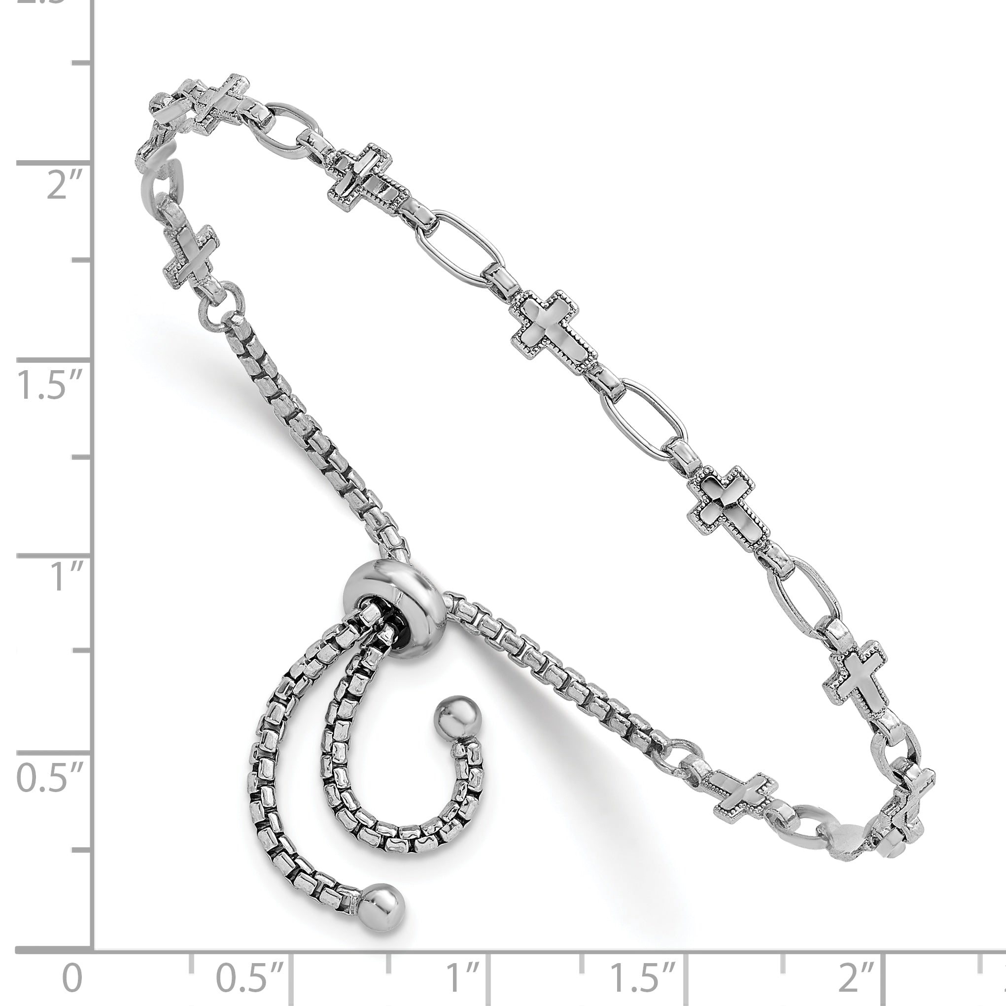 Sterling Silver Rhodium-plated Polished Cross and Rectangle Link Adjustable Bolo Bracelet