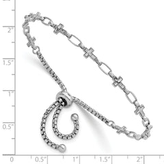 Sterling Silver Rhodium-plated Polished Cross and Rectangle Link Adjustable Bolo Bracelet