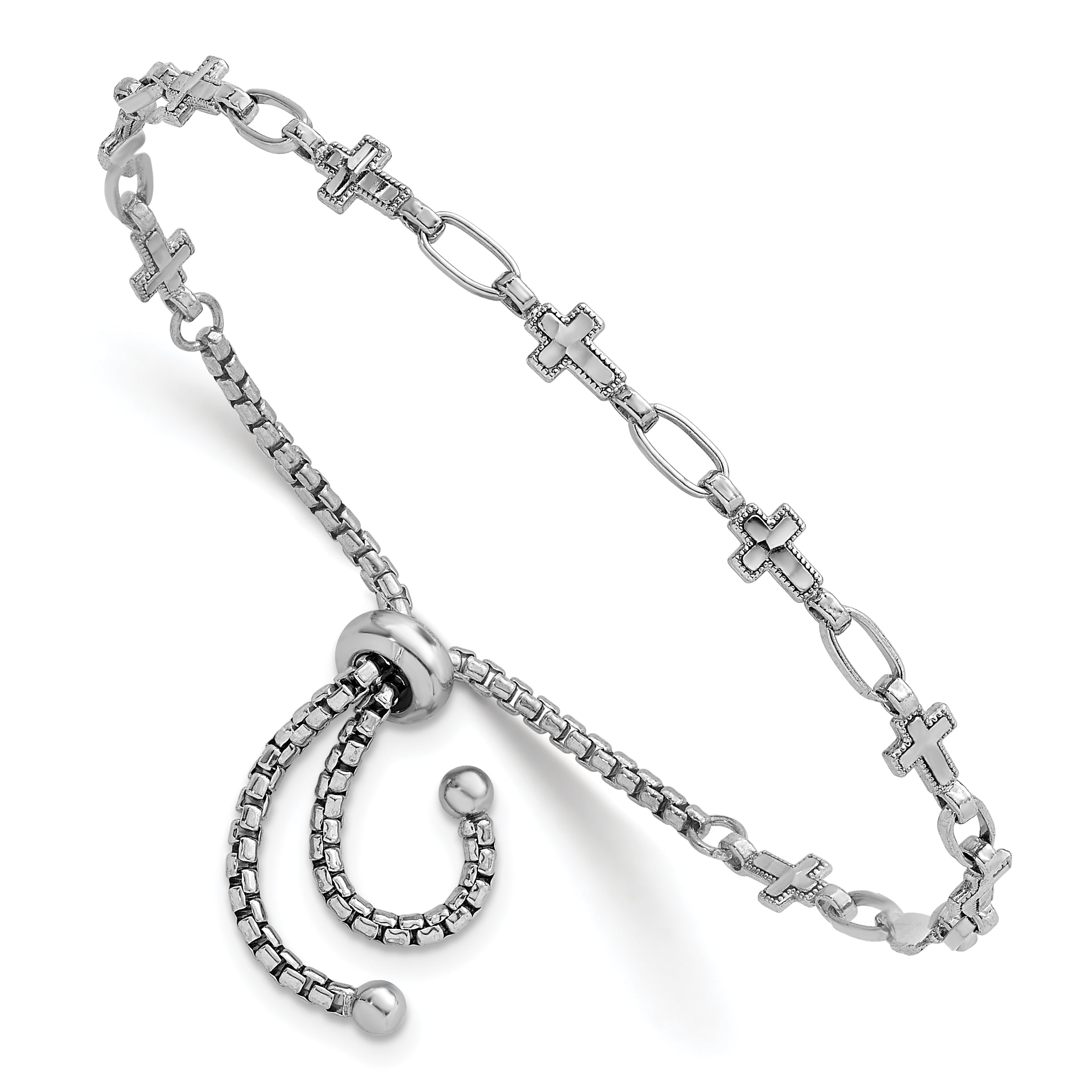 Sterling Silver Rhodium-plated Polished Cross and Rectangle Link Adjustable Bolo Bracelet
