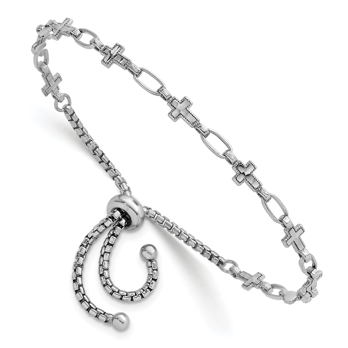 Sterling Silver Rhodium-plated Polished Cross and Rectangle Link Adjustable Bolo Bracelet
