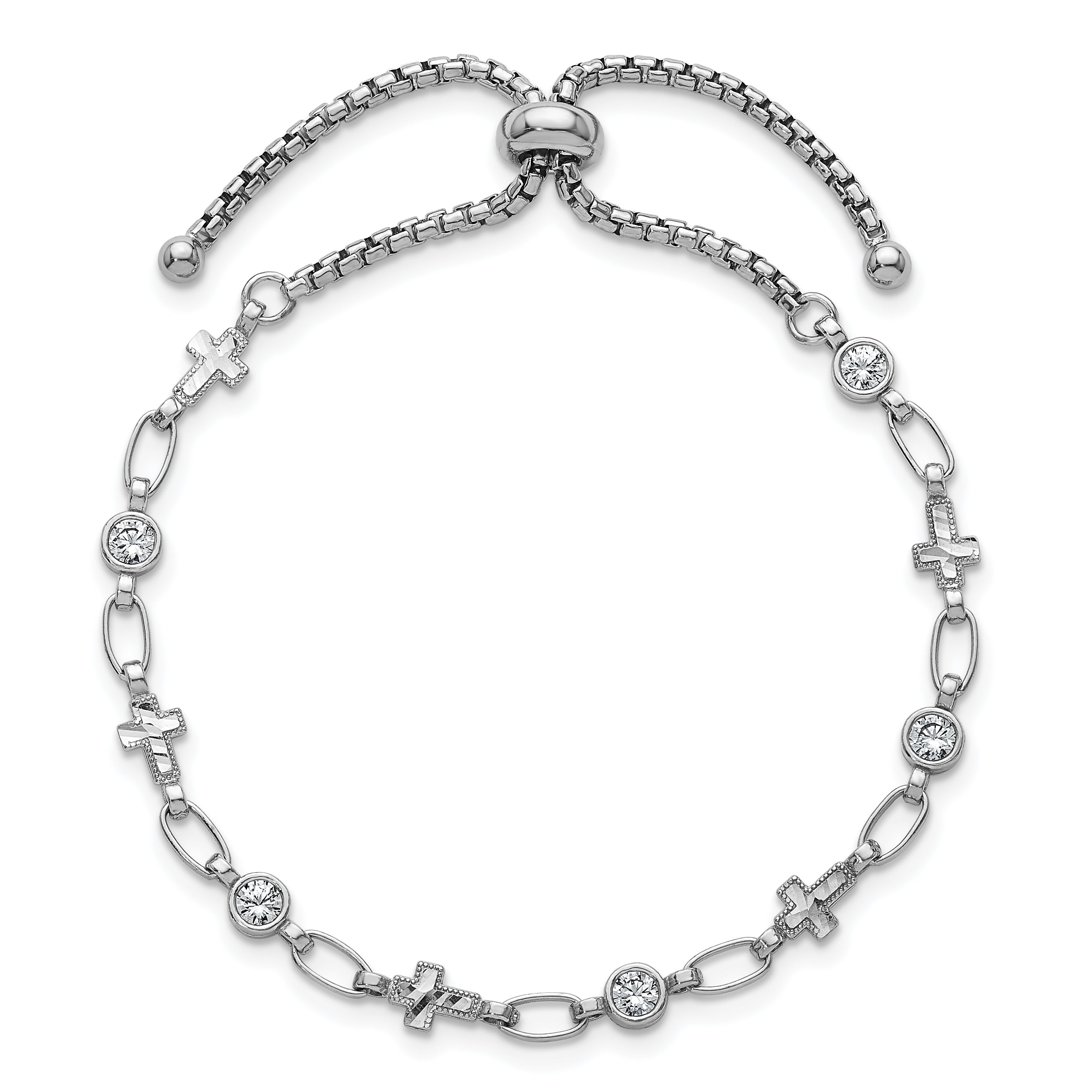 Sterling Silver Rhodium-plated Polished Round CZ and Cross Adjustable Bolo Bracelet