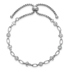 Sterling Silver Rhodium-plated Polished Round CZ and Cross Adjustable Bolo Bracelet