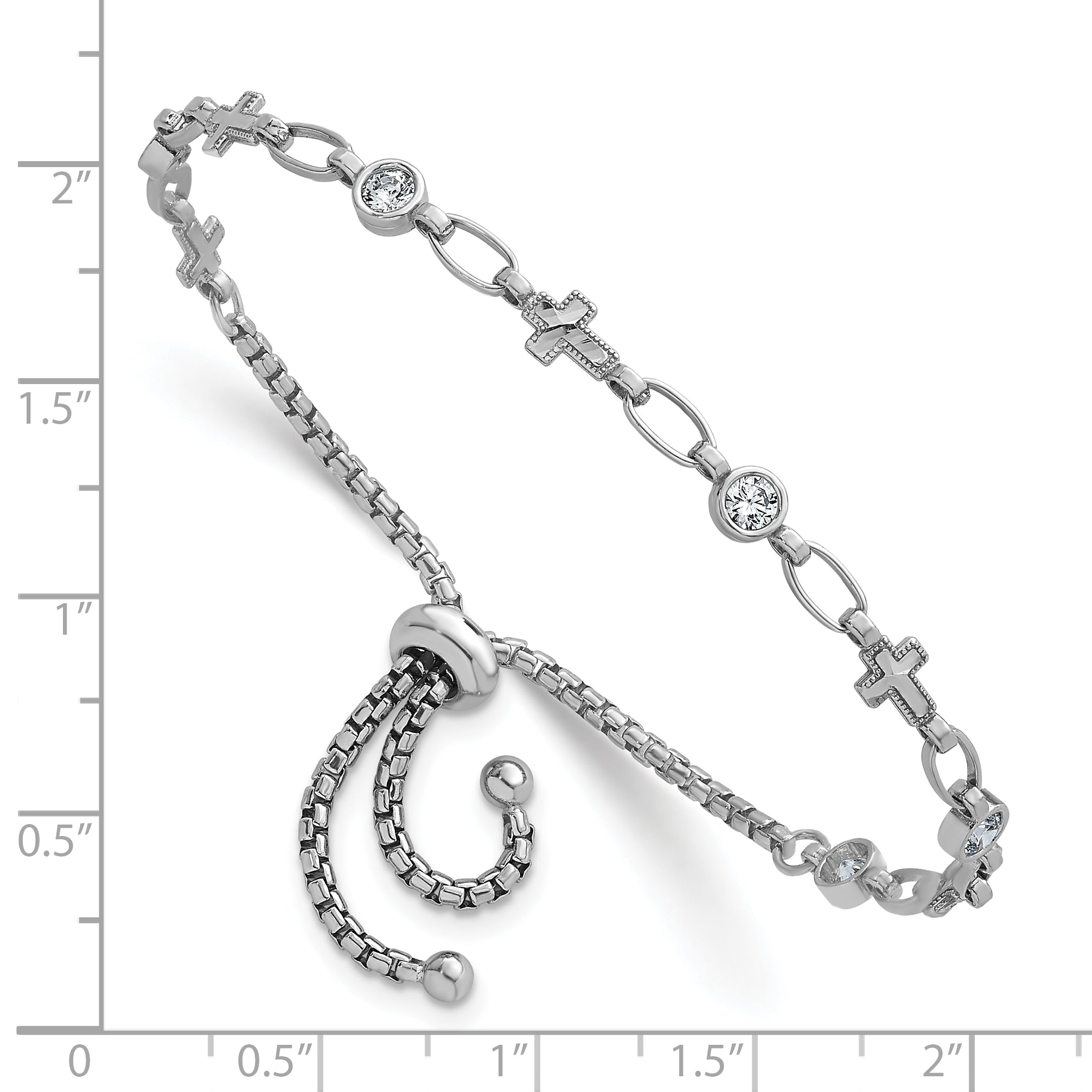 Sterling Silver Rhodium-plated Polished Round CZ and Cross Adjustable Bolo Bracelet