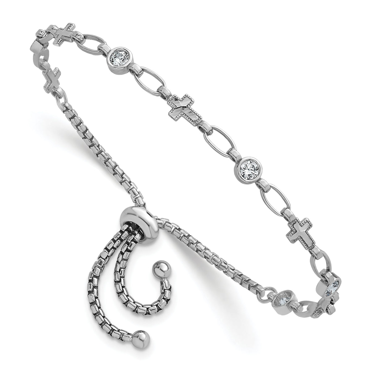 Round Cubic Zirconia and Cross Bolo Bracelet in Sterling Silver, 4.3mm Adjustable - Sophia Jewelers Main image