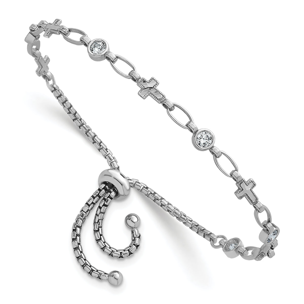 Sterling Silver Rhodium-plated Polished Round CZ and Cross Adjustable Bolo Bracelet