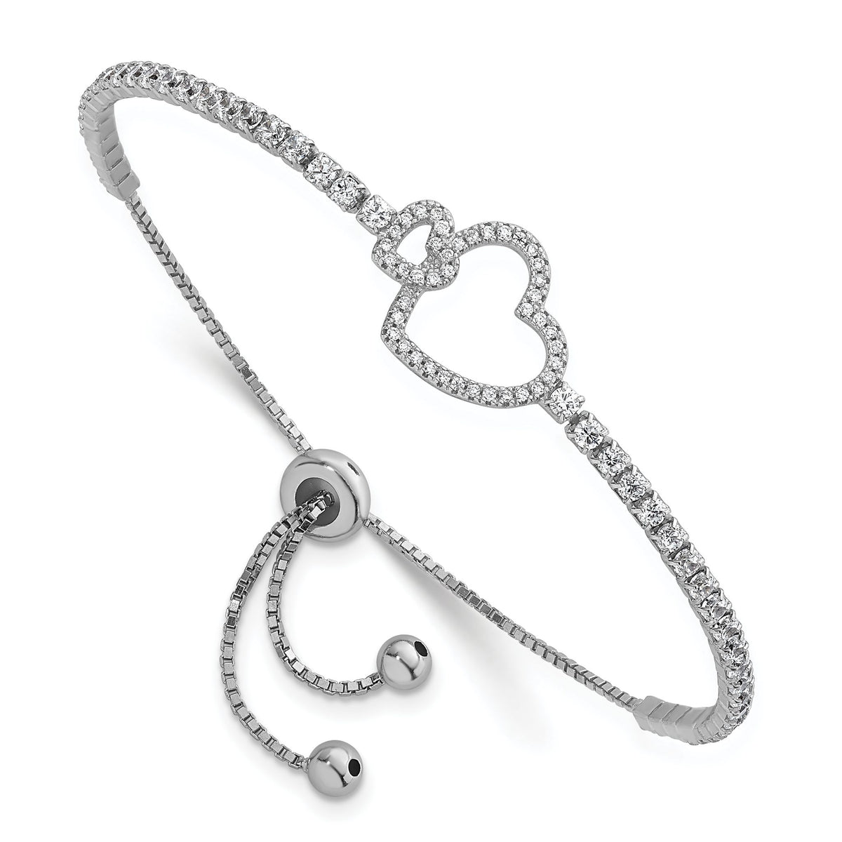 Cubic Zirconia Two-Hearts Bolo Bracelet in Sterling Silver, 12.7mm Adjustable - Sophia Jewelers Main image