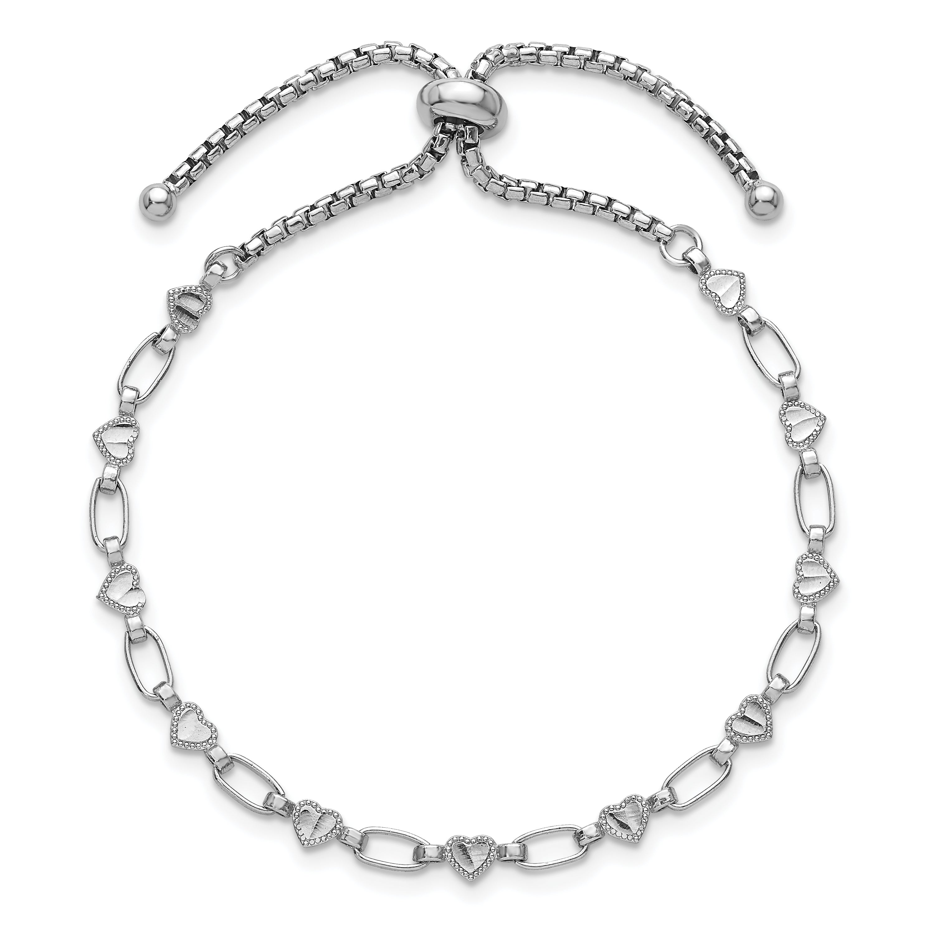 Sterling Silver Rhodium-plated Polished Heart and Rectangle Link Adjustable Bolo Bracelet