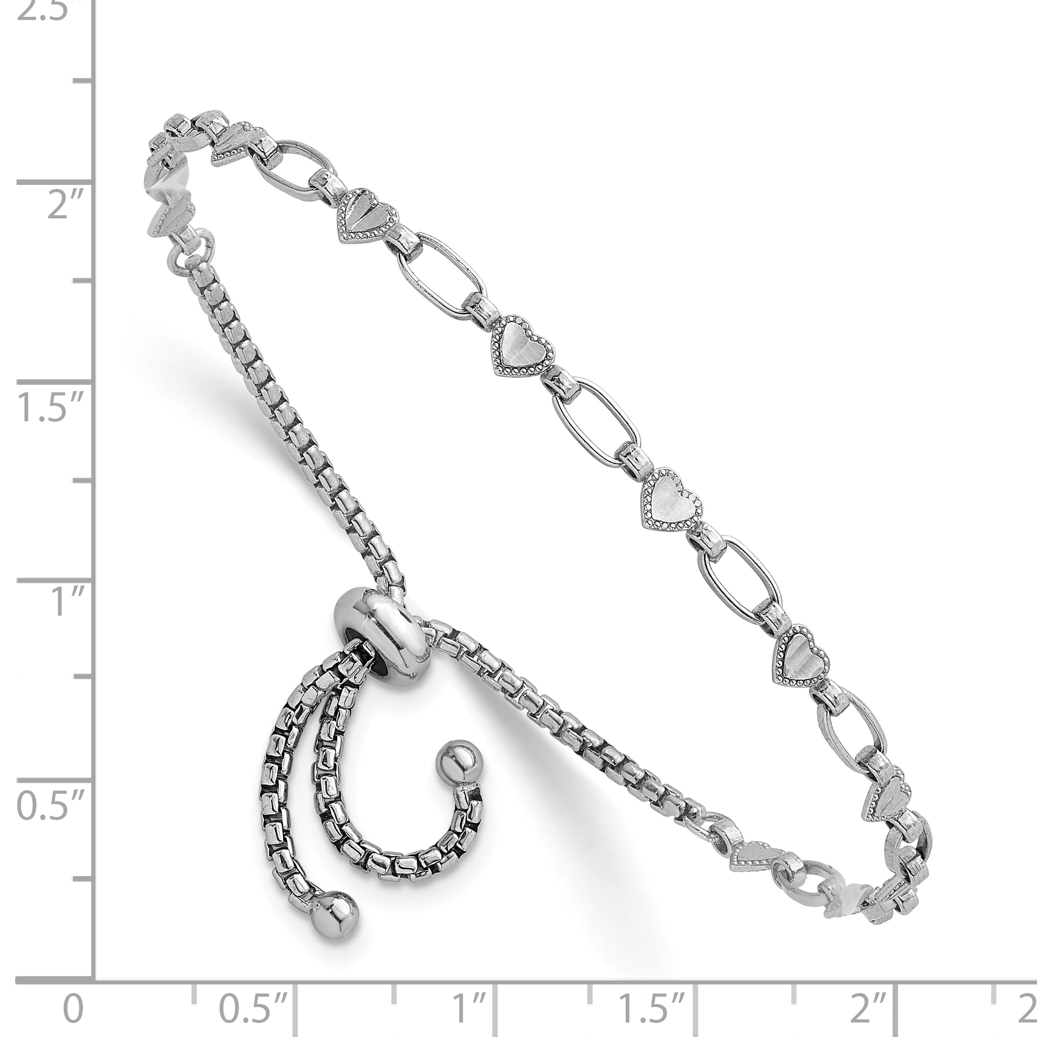 Sterling Silver Rhodium-plated Polished Heart and Rectangle Link Adjustable Bolo Bracelet