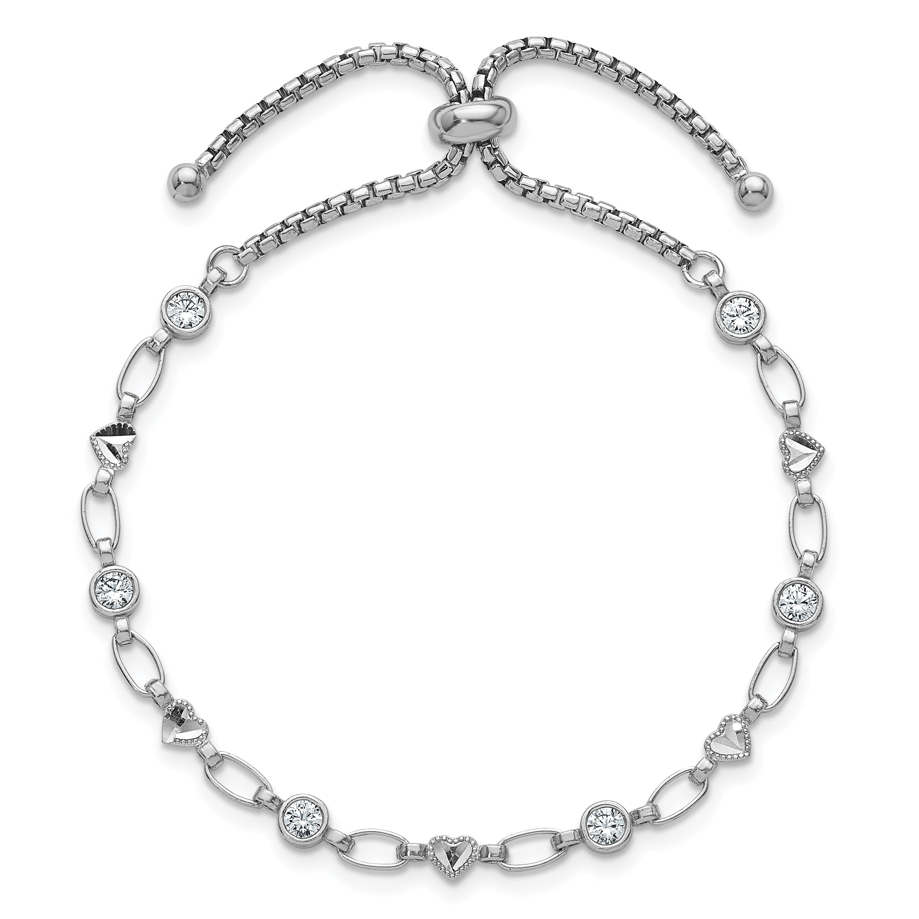 Sterling Silver Rhodium-plated Polished Round CZ and Diamond-cut Heart Adjustable Bolo Bracelet Secondary image