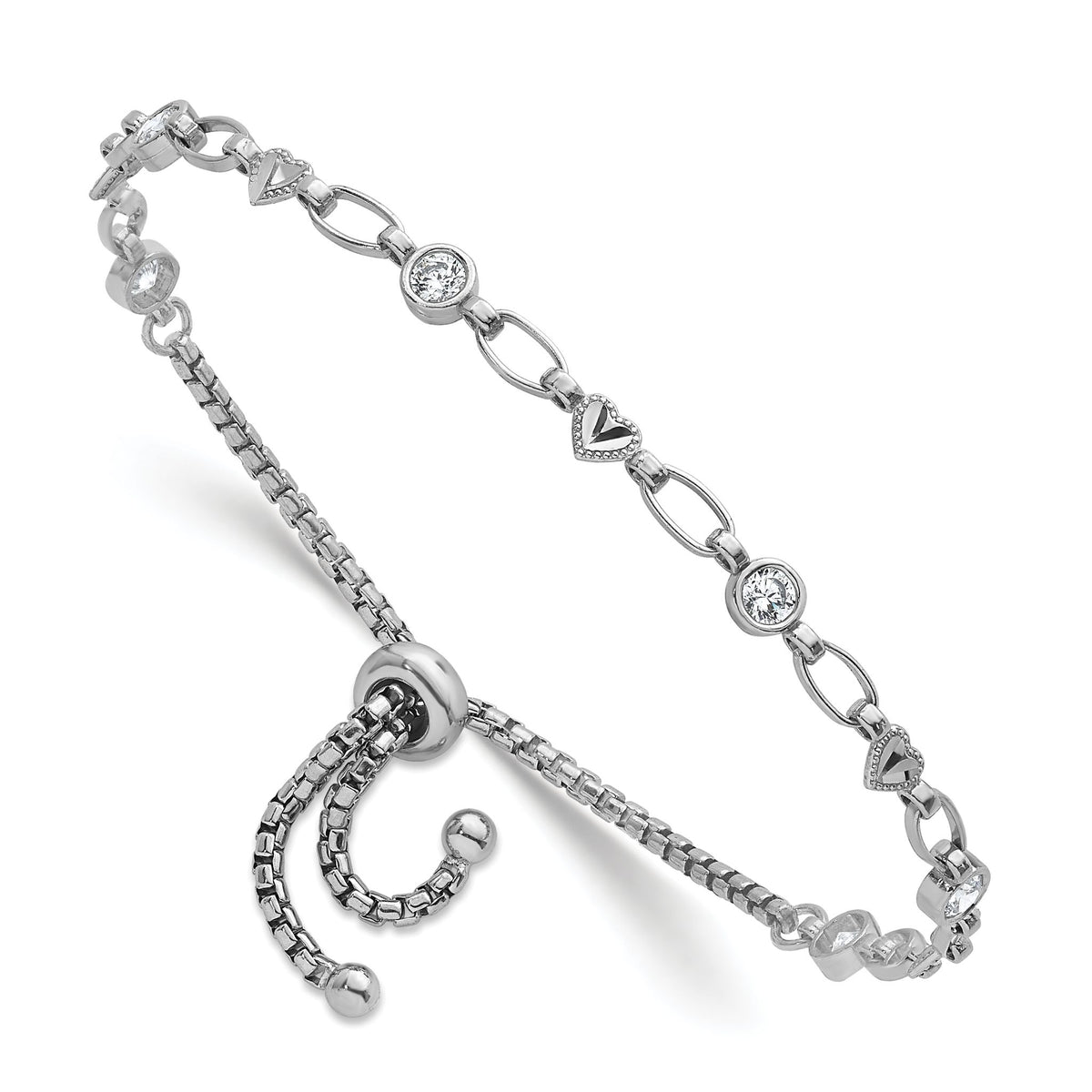 Round Cubic Zirconia Hearts Bolo Bracelet in Sterling Silver, 4mm Adjustable - Sophia Jewelers Main image