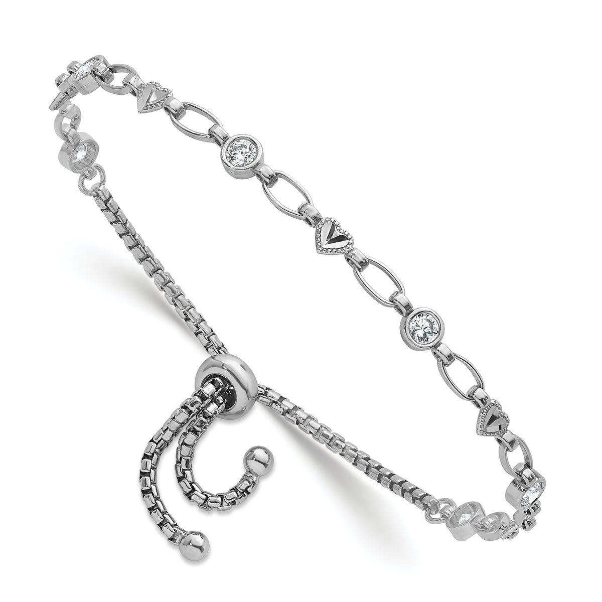 Sterling Silver Rhodium-plated Polished Round CZ and Diamond-cut Heart Adjustable Bolo Bracelet