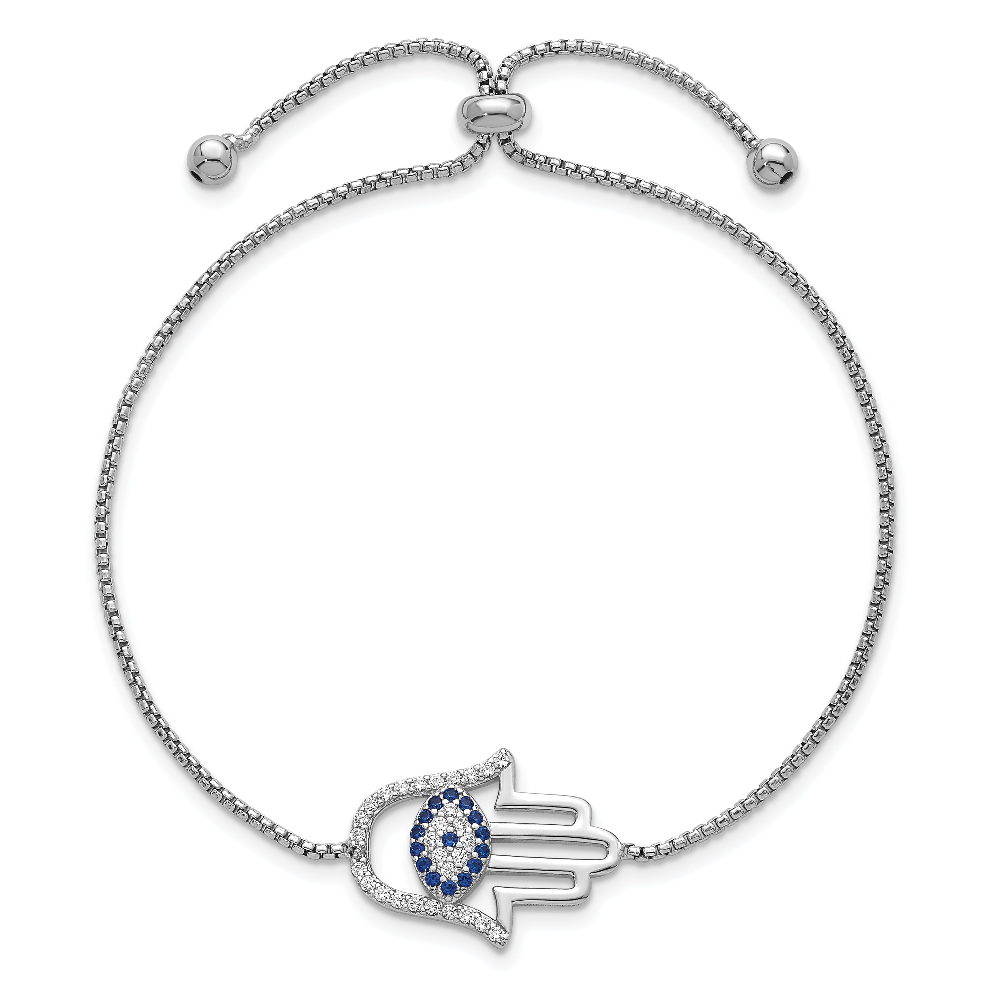 Sterling Silver Rhodium-plated Polished Lab Created Blue Spinel and White CZ Evil Eye Hamsa Adjustable Bolo Bracelet Secondary image