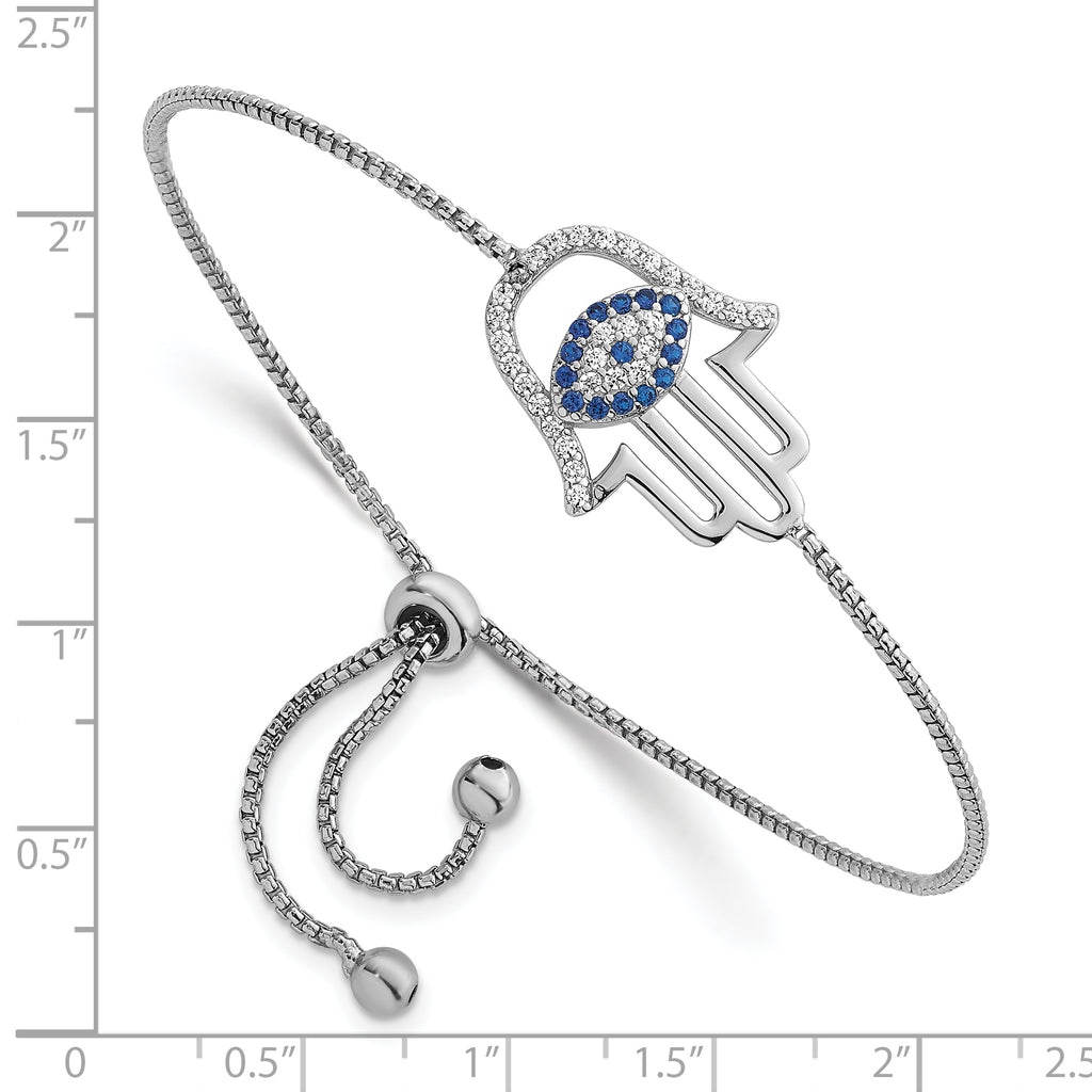 Sterling Silver Rhodium-plated Polished Lab Created Blue Spinel and White CZ Evil Eye Hamsa Adjustable Bolo Bracelet