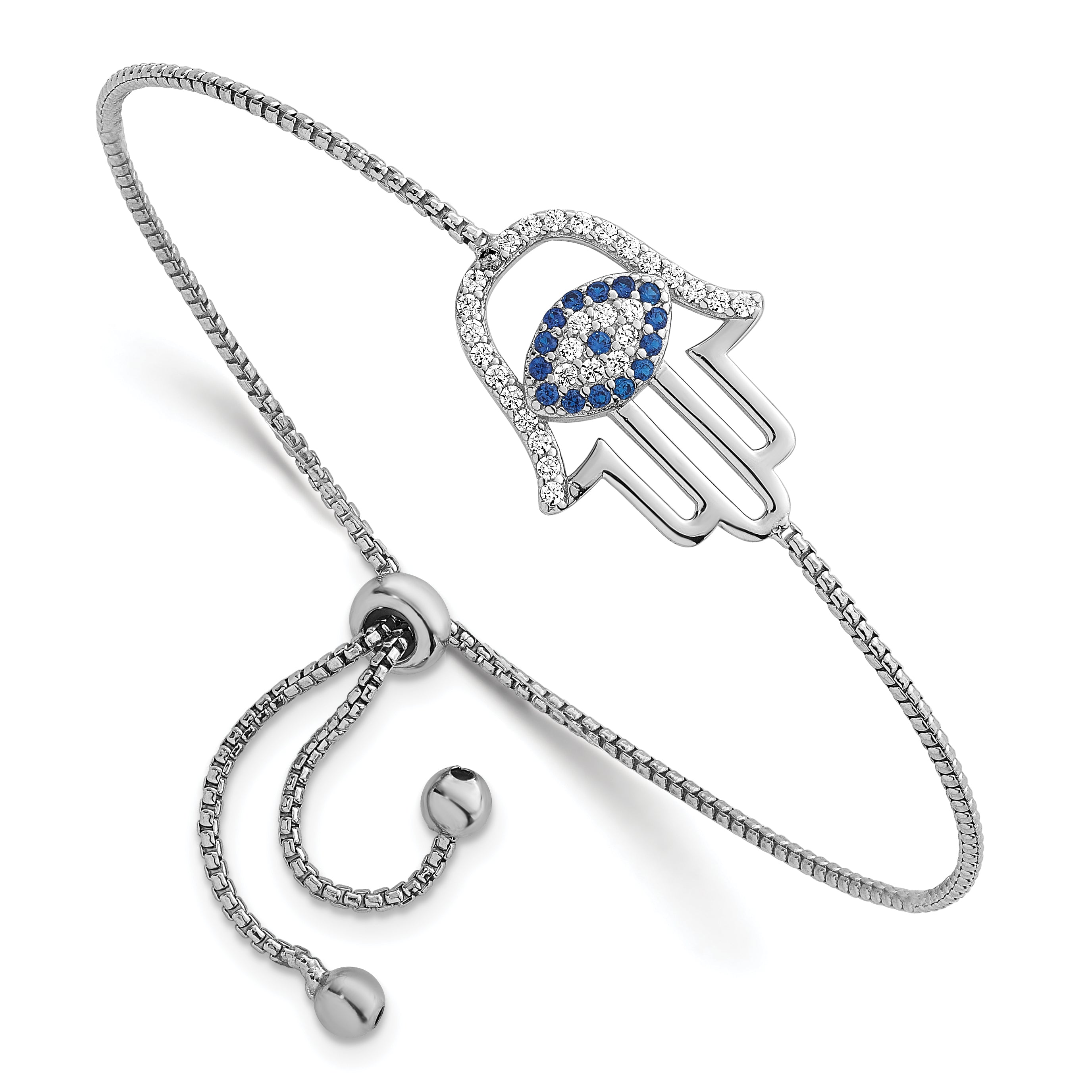 Sterling Silver Rhodium-plated Polished Lab Created Blue Spinel and White CZ Evil Eye Hamsa Adjustable Bolo Bracelet