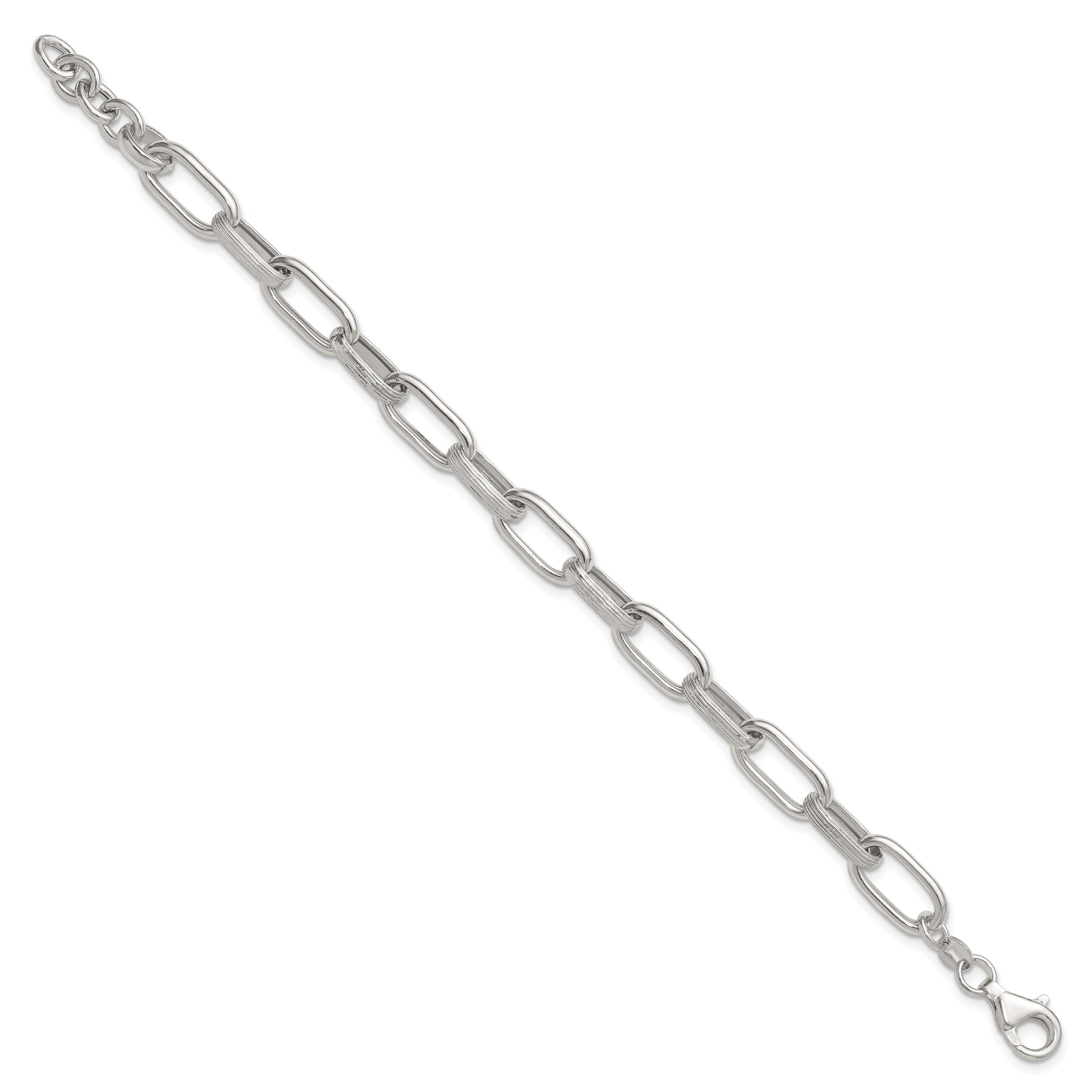 Sterling Silver Polished and Textured Oval Link 7 inch with 0.5 inch Extender Bracelet