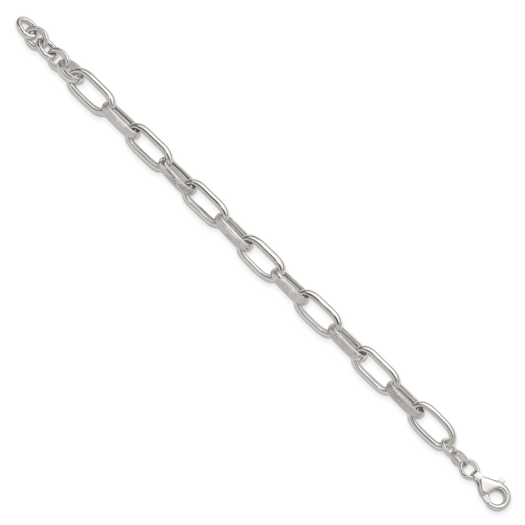 Sterling Silver Polished and Textured Oval Link 7 inch with 0.5 inch Extender Bracelet